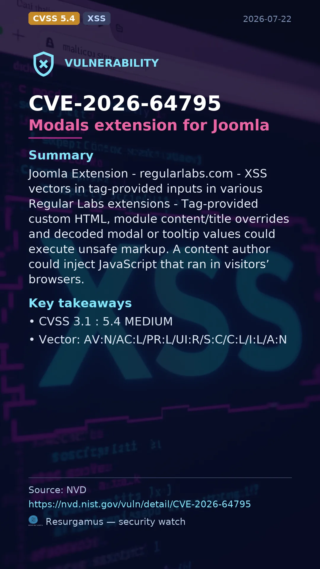 CVE-2026-64795 Modals extension for Joomla Vulnerability