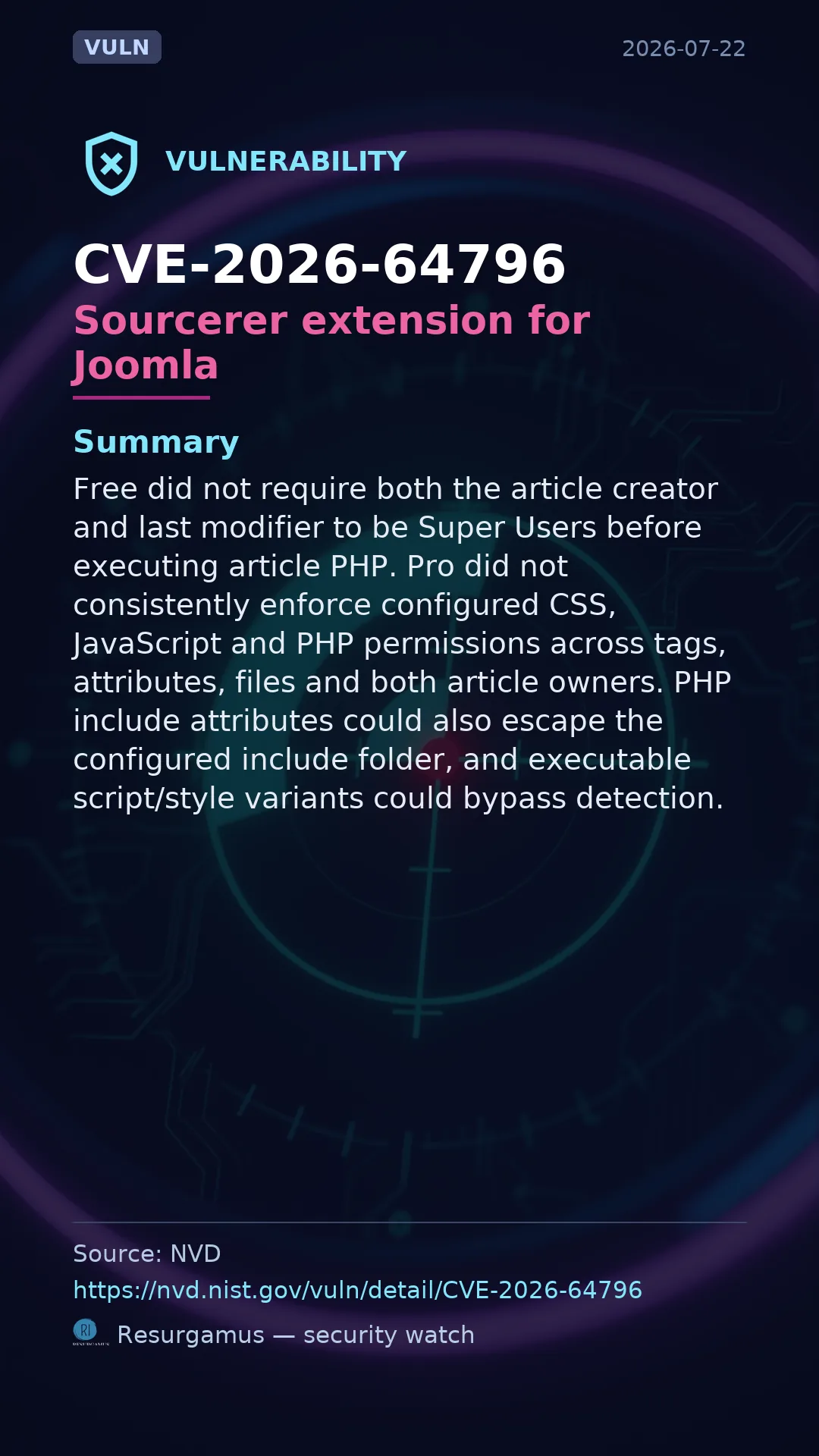 CVE-2026-64796 Sourcerer extension for Joomla Vulnerability