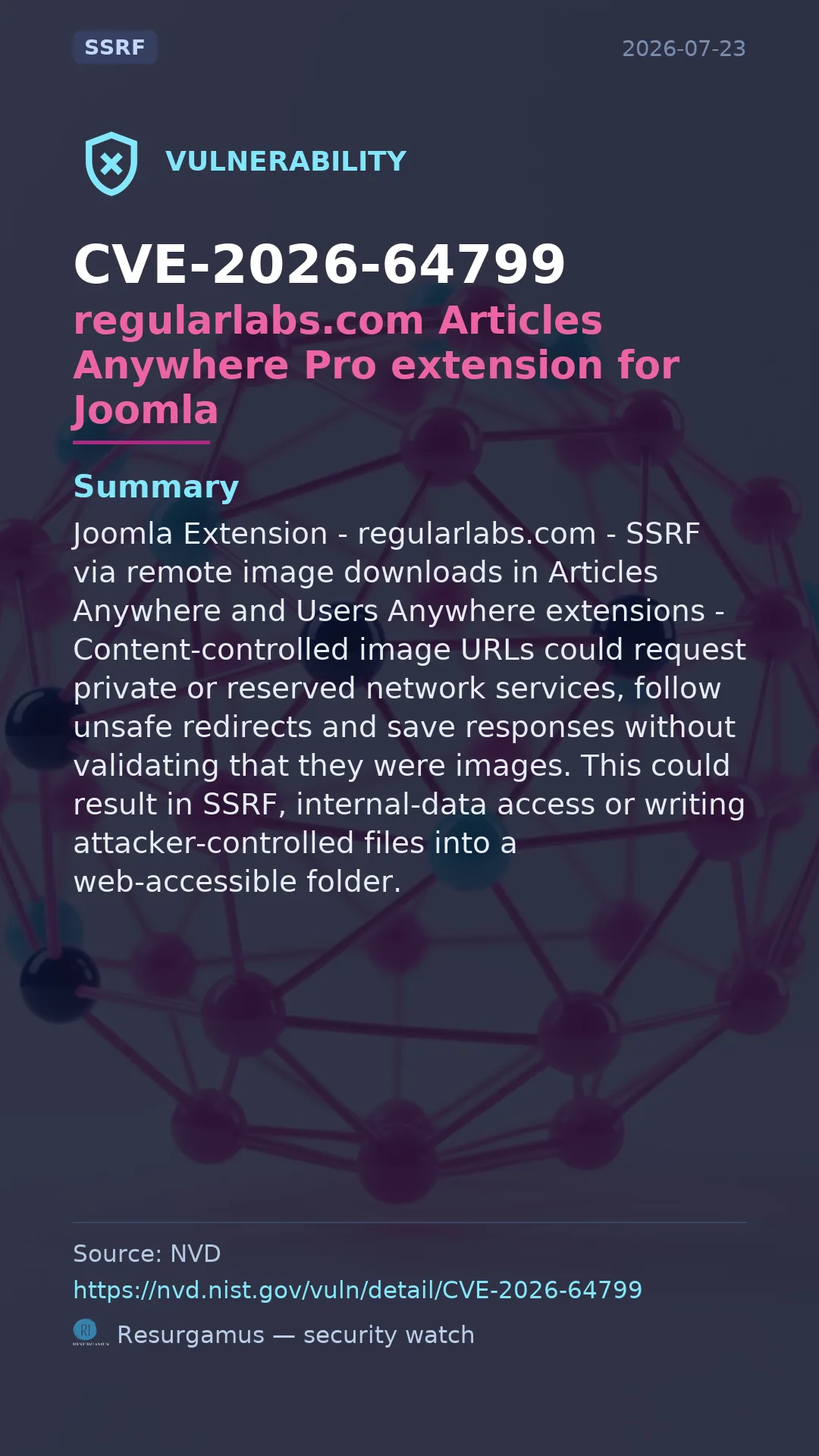 CVE-2026-64799 regularlabs.com Articles Anywhere Pro extension for Joomla Vulnerability