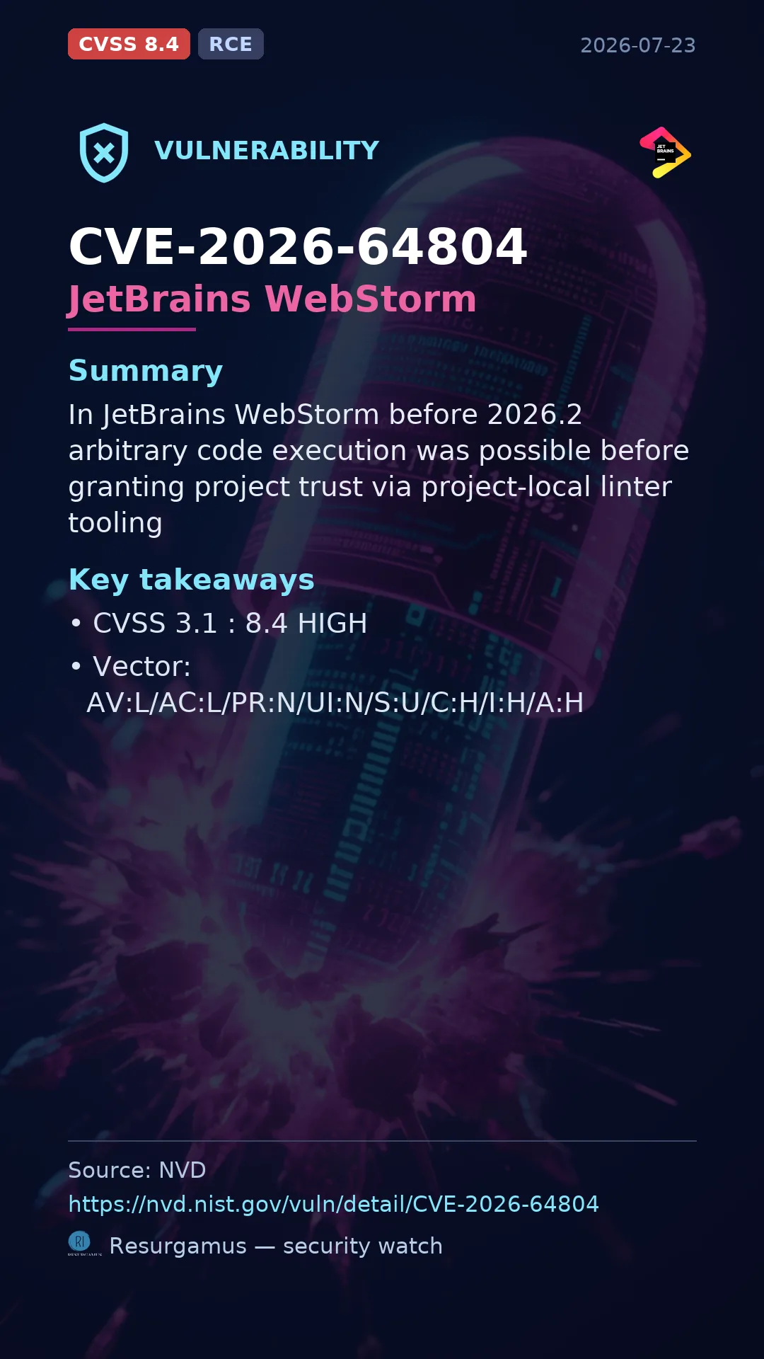 CVE-2026-64804 JetBrains WebStorm Vulnerability