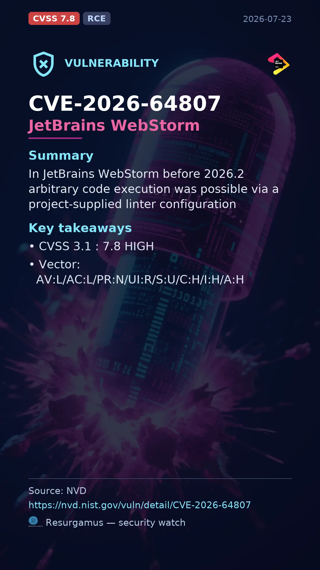 CVE-2026-64807 JetBrains WebStorm Vulnerability