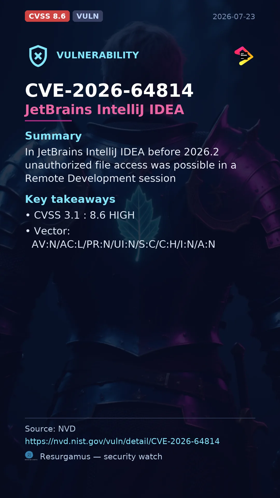 CVE-2026-64814 JetBrains IntelliJ IDEA Vulnerability