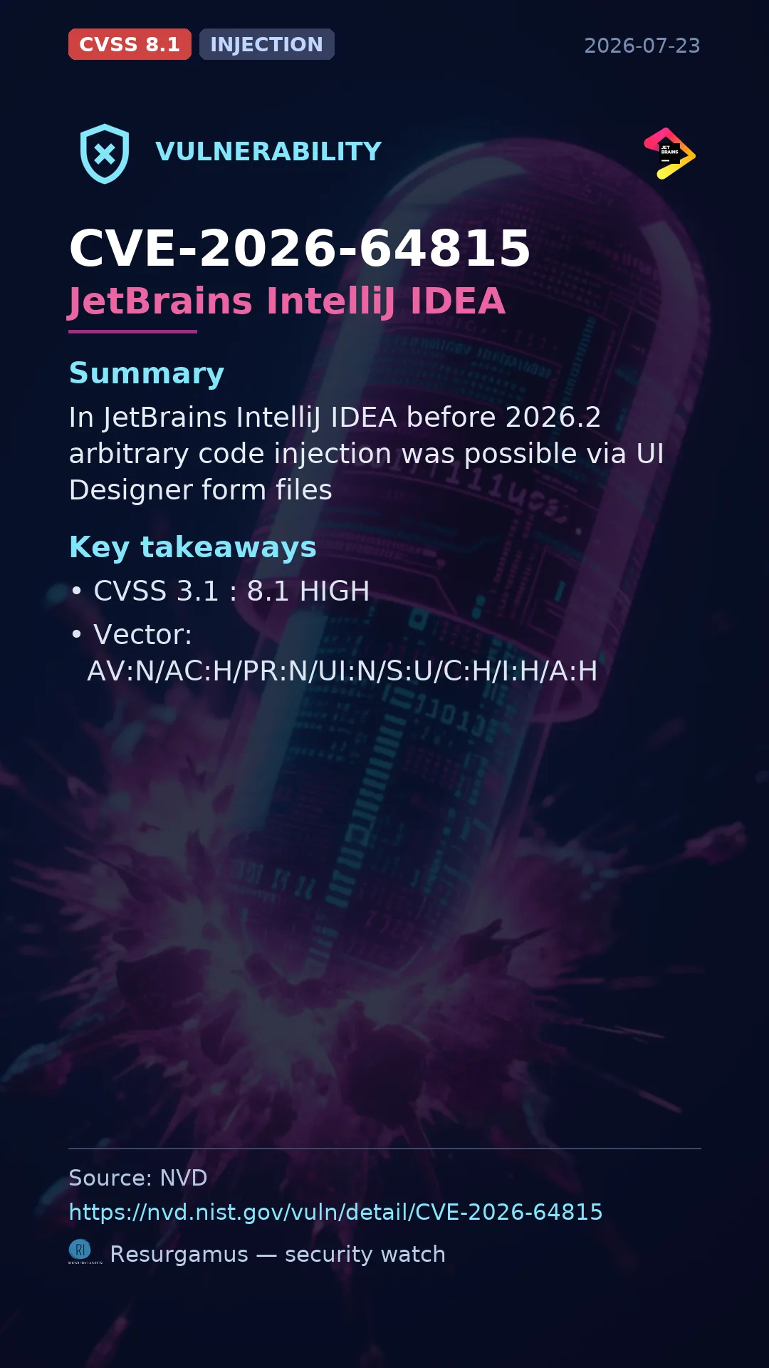 CVE-2026-64815 JetBrains IntelliJ IDEA Vulnerability