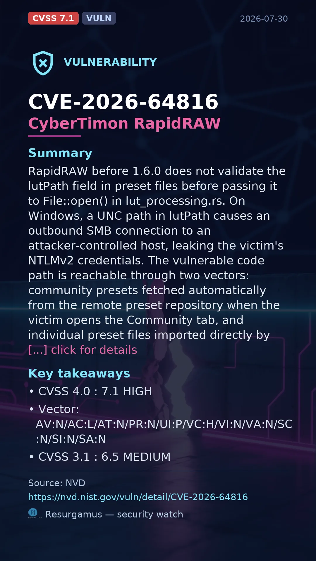 CVE-2026-64816 CyberTimon RapidRAW Vulnerability