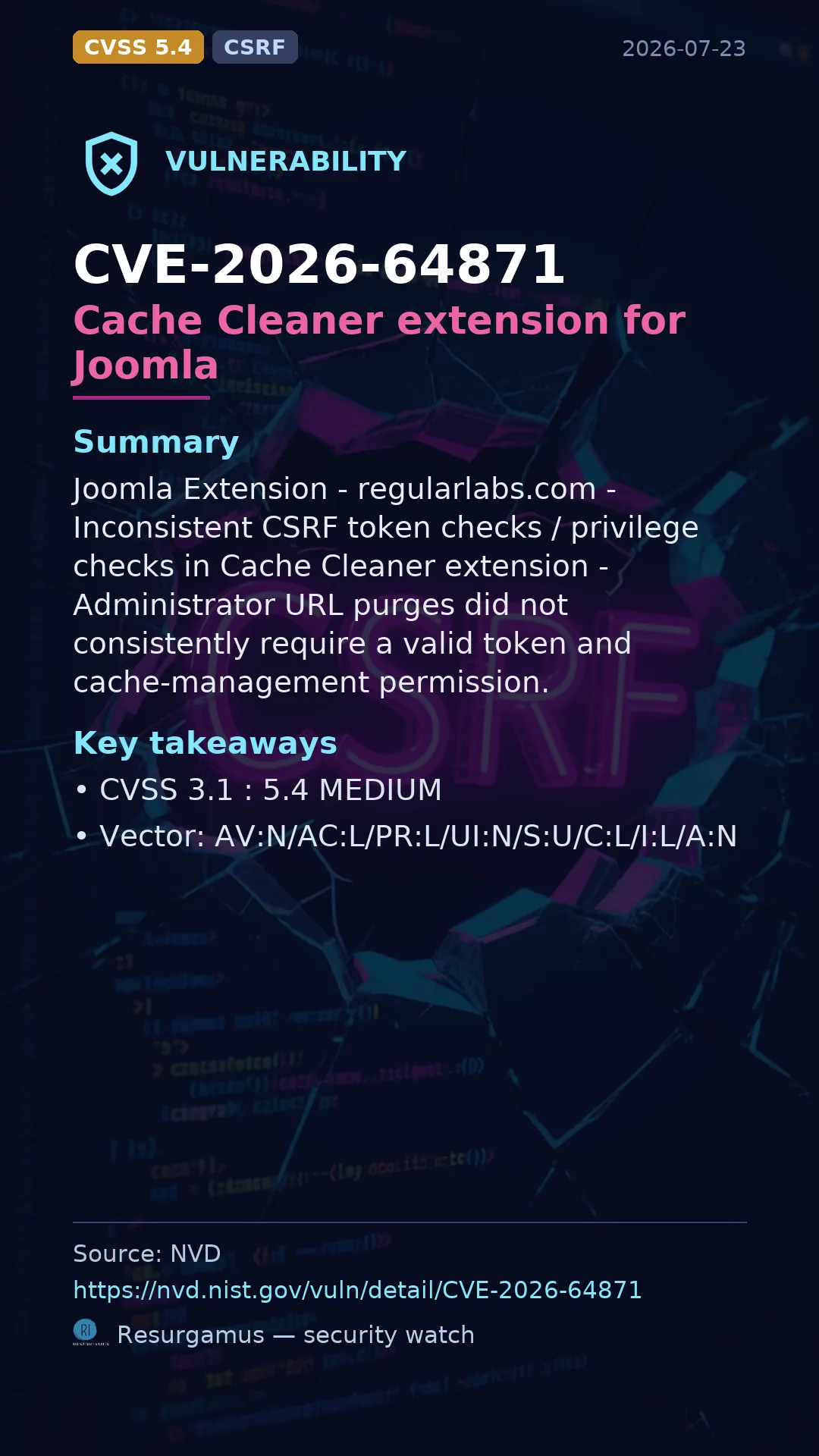 CVE-2026-64871 Cache Cleaner extension for Joomla Vulnerability