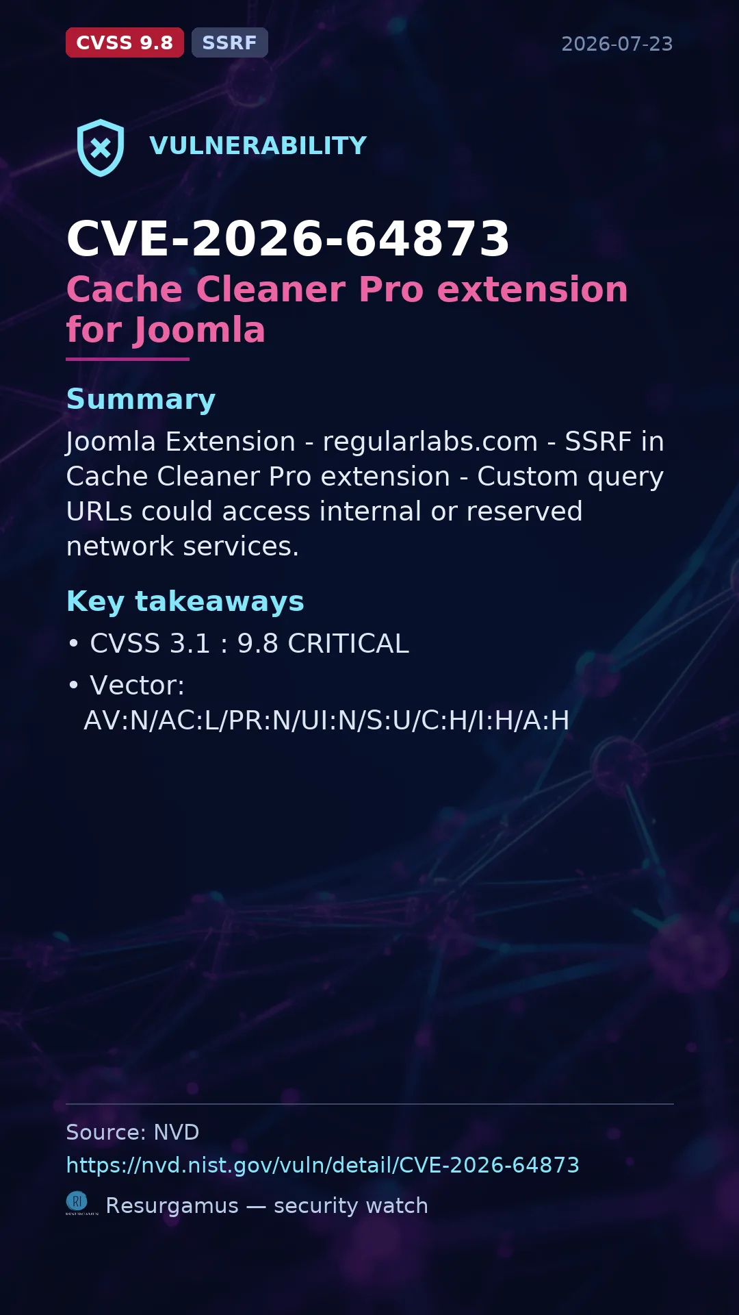 CVE-2026-64873 Cache Cleaner Pro extension for Joomla Vulnerability