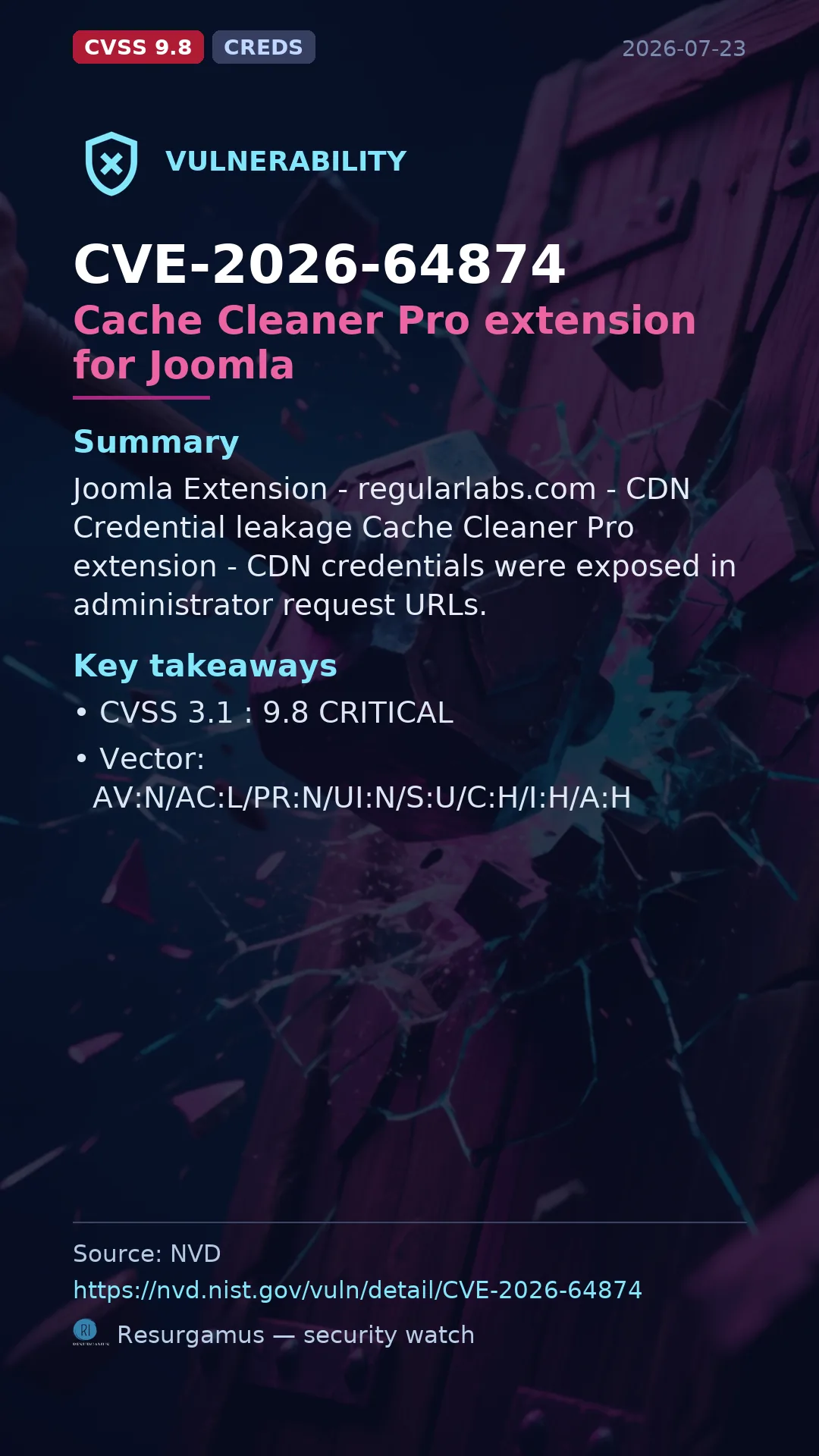 CVE-2026-64874 Cache Cleaner Pro extension for Joomla Vulnerability