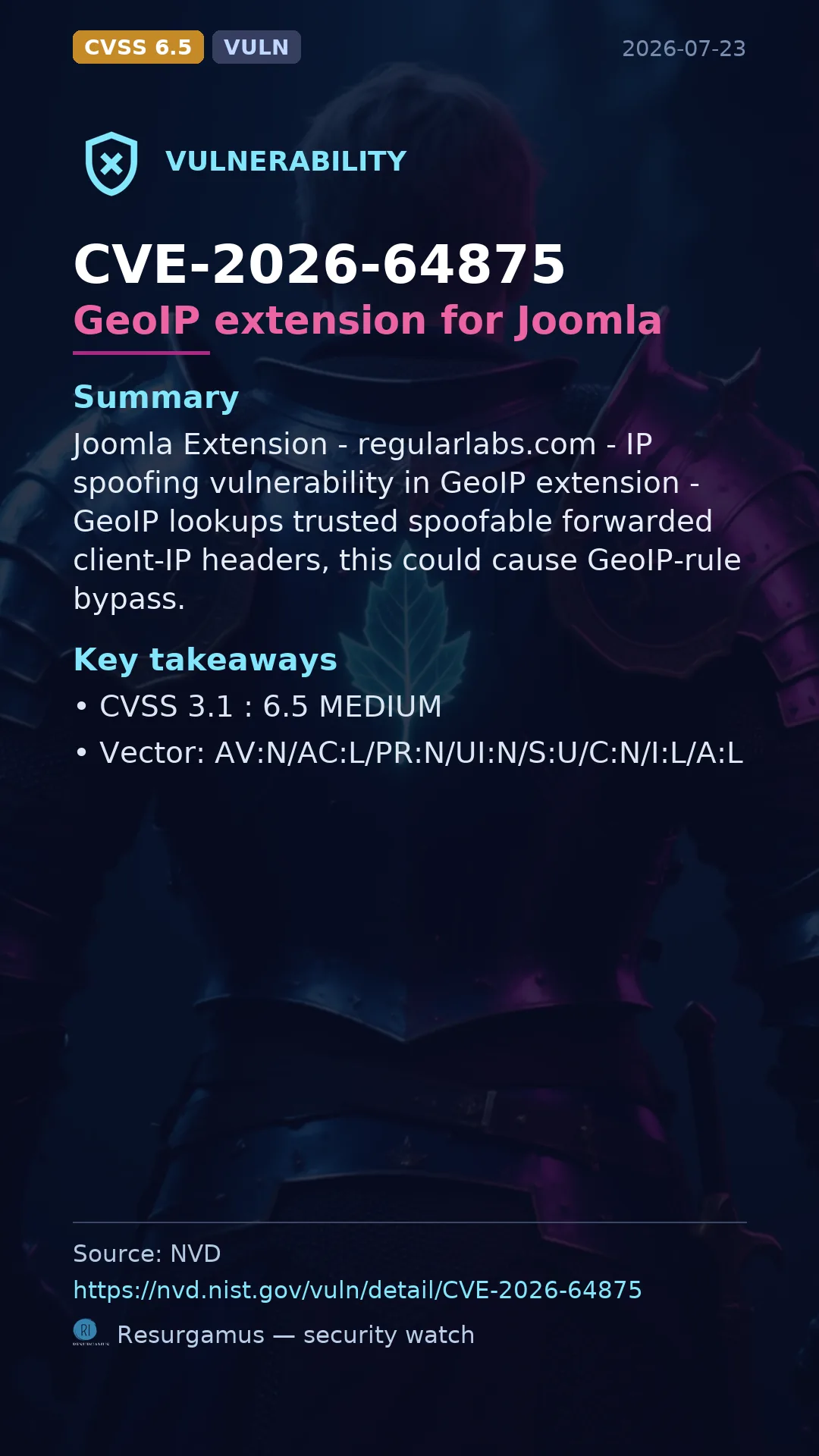 CVE-2026-64875 GeoIP extension for Joomla Vulnerability