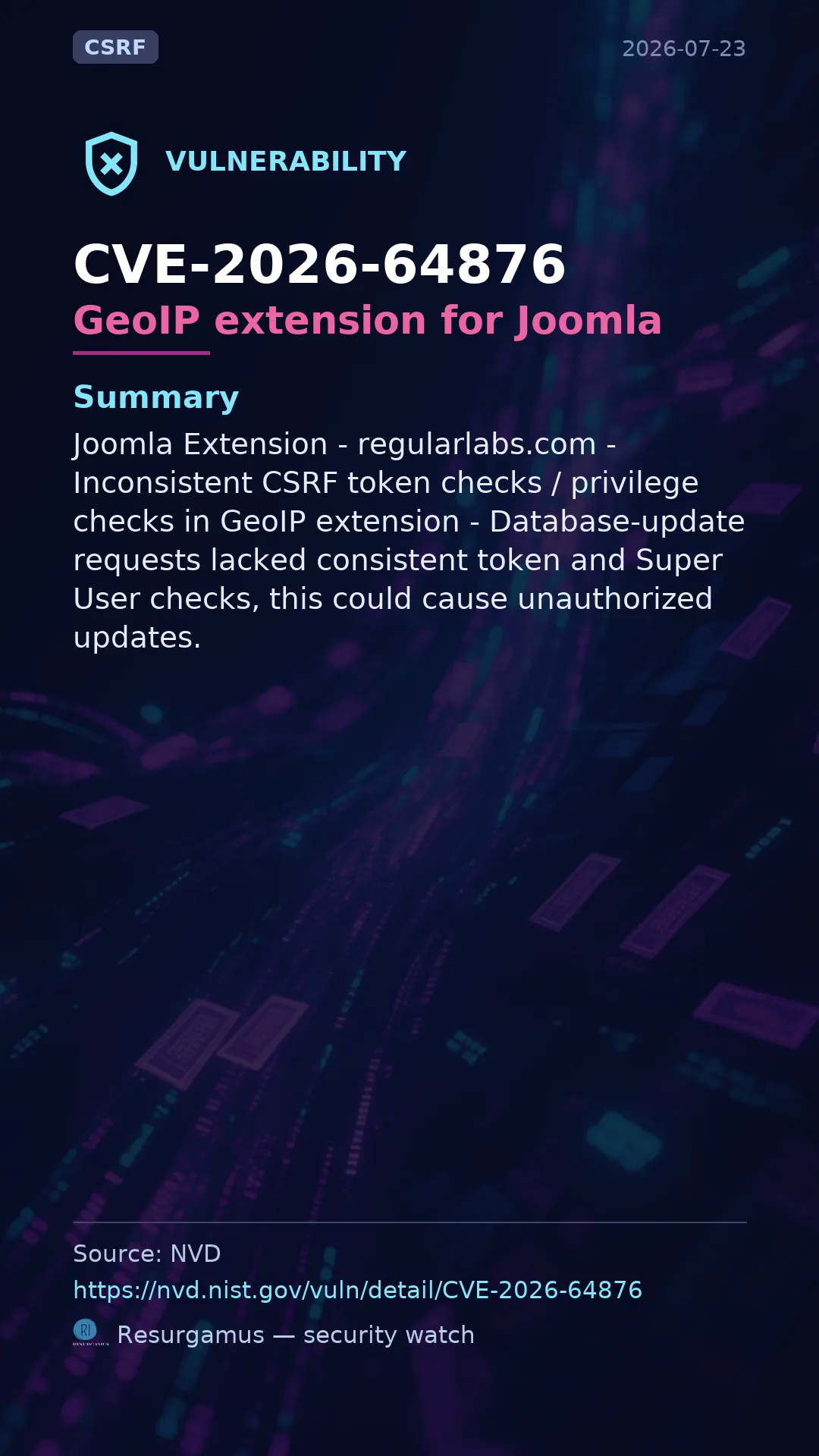 CVE-2026-64876 GeoIP extension for Joomla Vulnerability