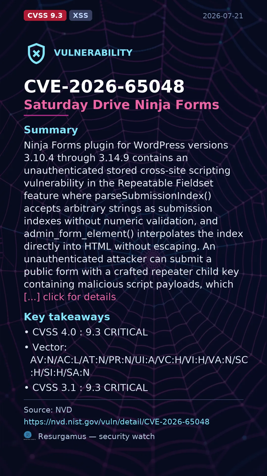 CVE-2026-65048 Saturday Drive Ninja Forms Vulnerability