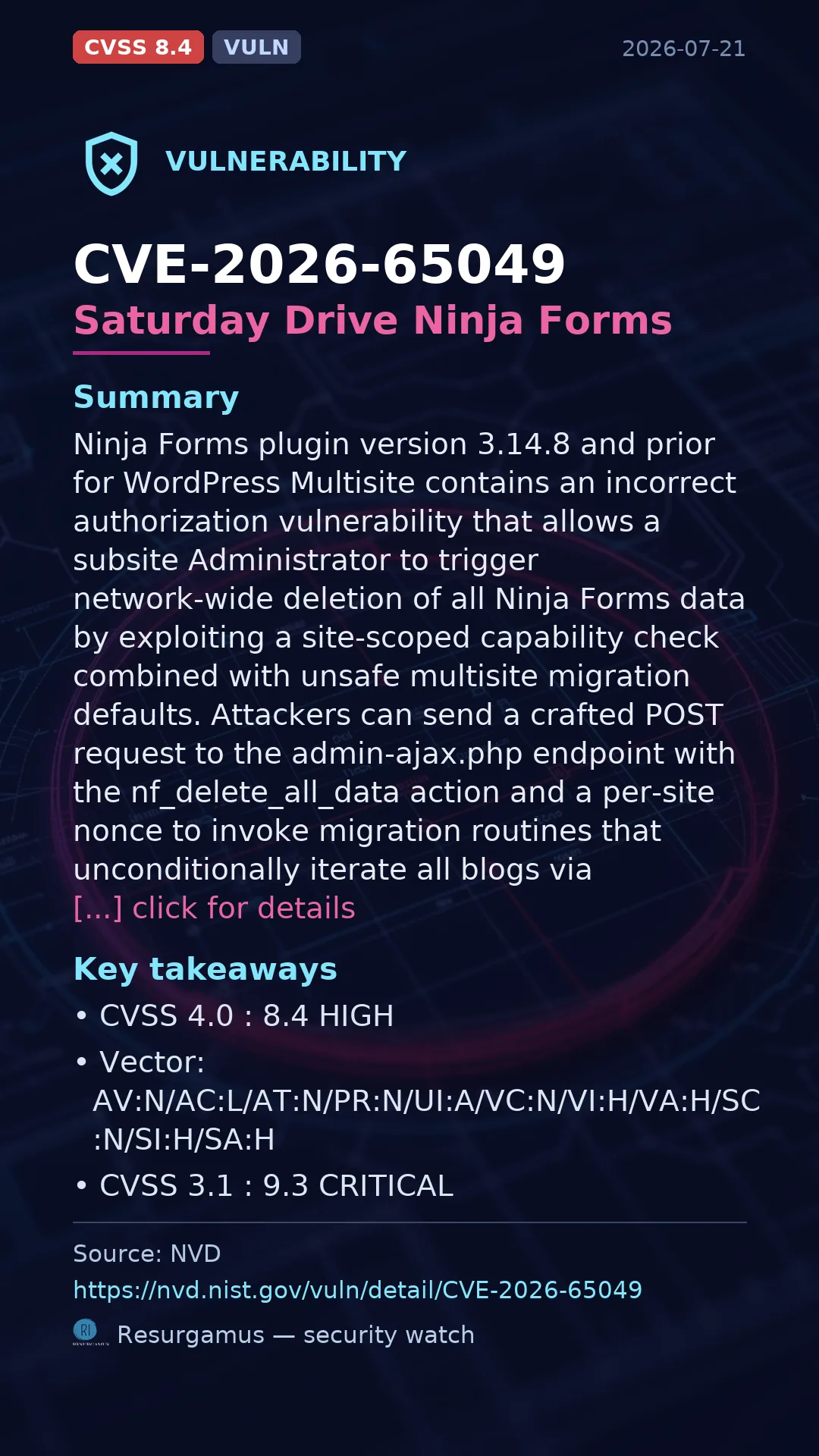 CVE-2026-65049 Saturday Drive Ninja Forms Vulnerability