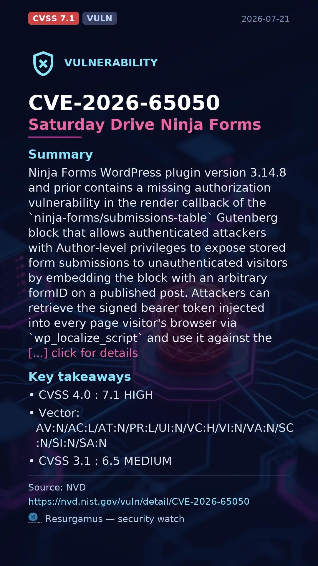 CVE-2026-65050 Saturday Drive Ninja Forms Vulnerability