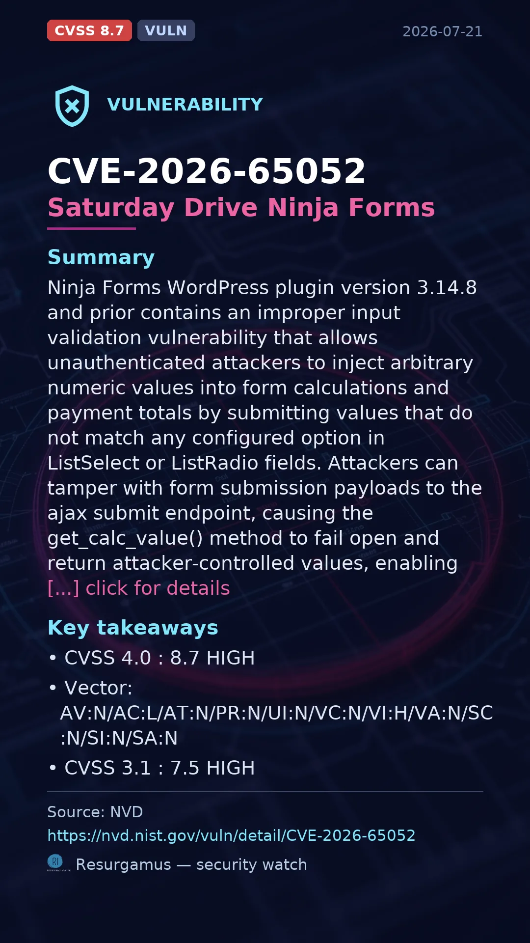 CVE-2026-65052 Saturday Drive Ninja Forms Vulnerability