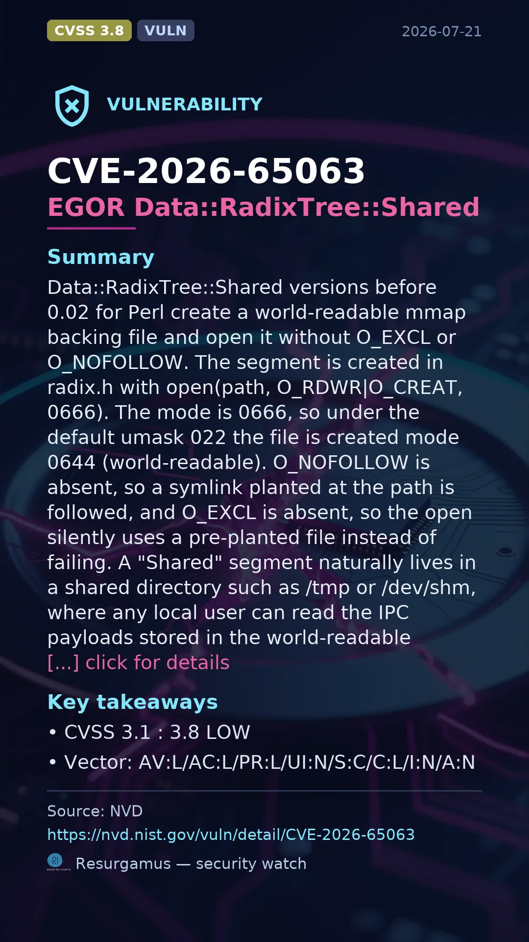 CVE-2026-65063 EGOR Data::RadixTree::Shared Vulnerability