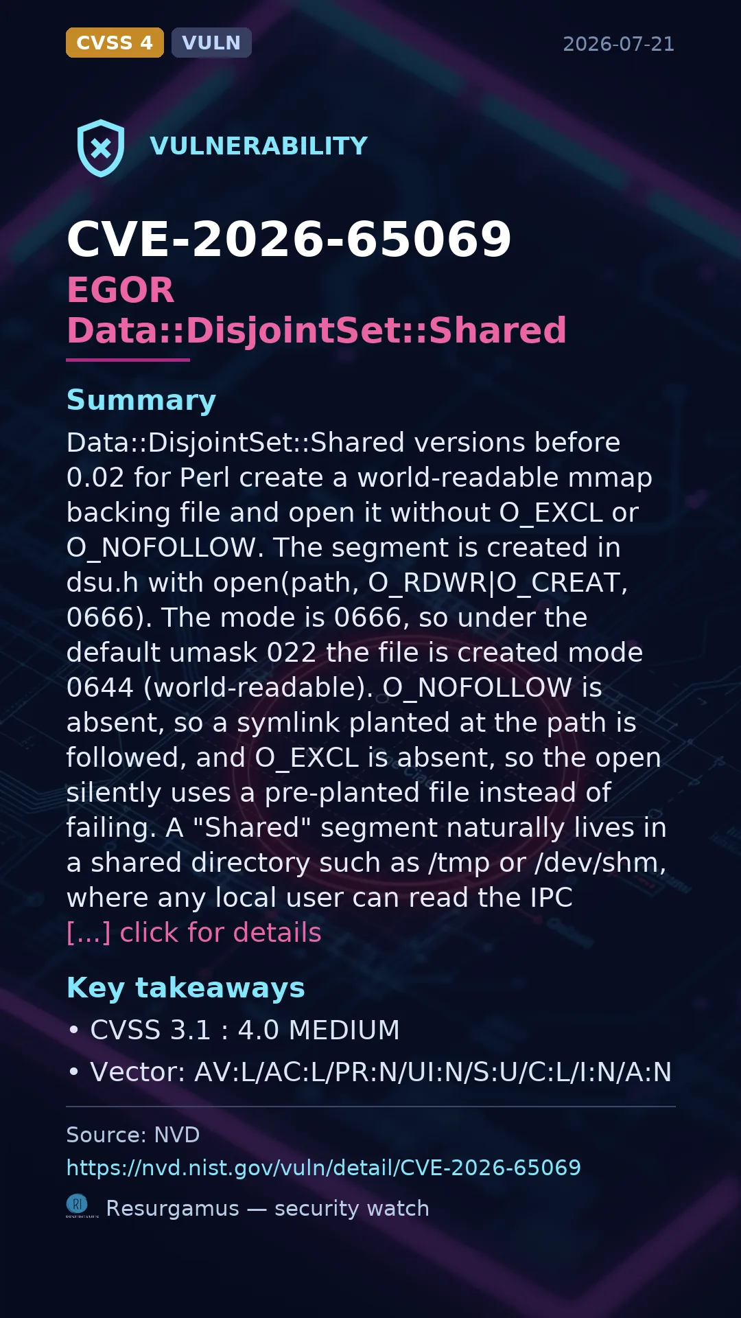 CVE-2026-65069 EGOR Data::DisjointSet::Shared Vulnerability