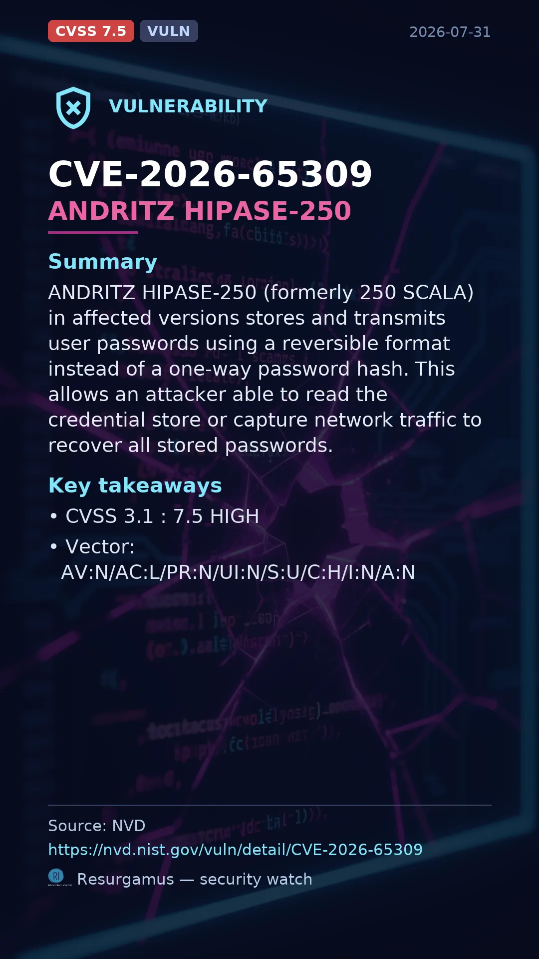 CVE-2026-65309 ANDRITZ HIPASE-250 Vulnerability