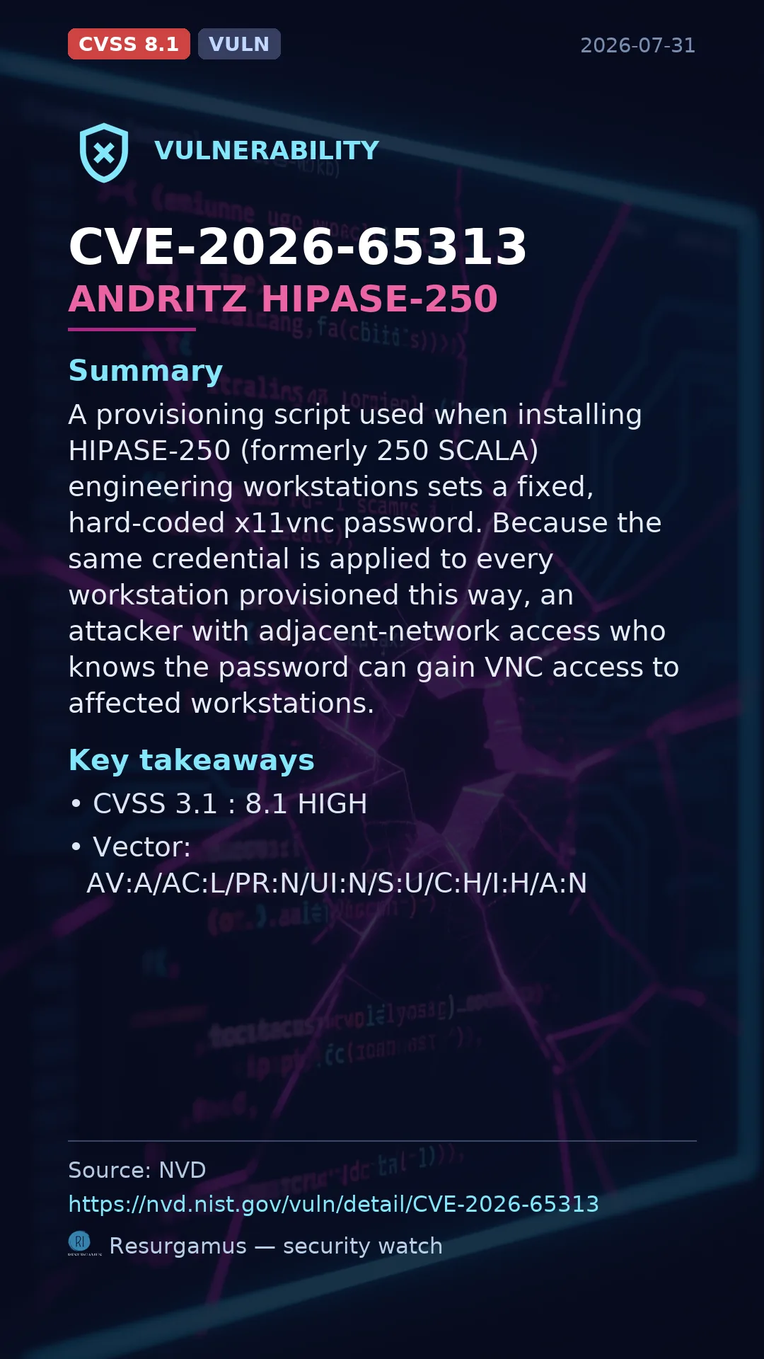 CVE-2026-65313 ANDRITZ HIPASE-250 Vulnerability