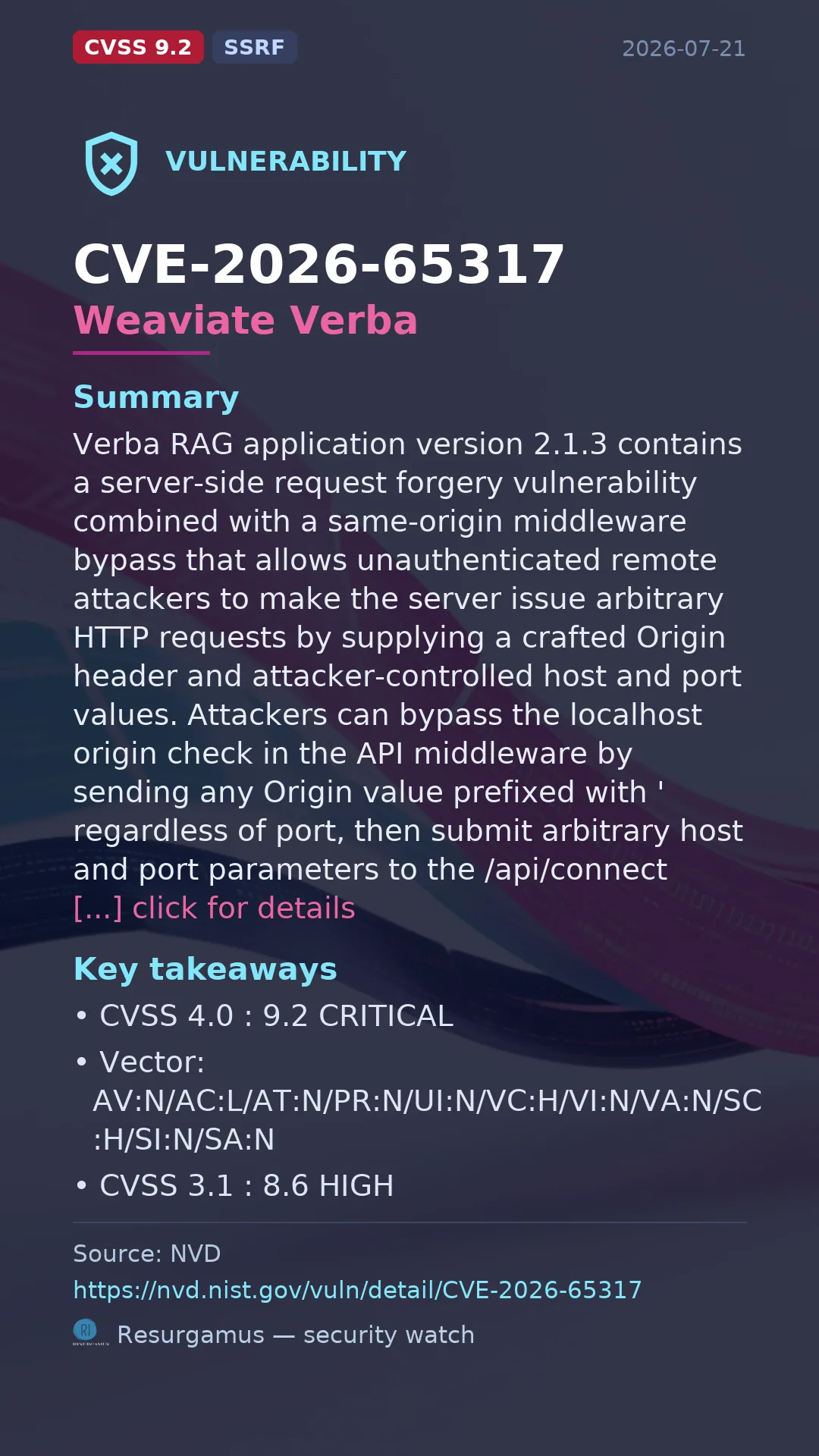 CVE-2026-65317 Weaviate Verba Vulnerability