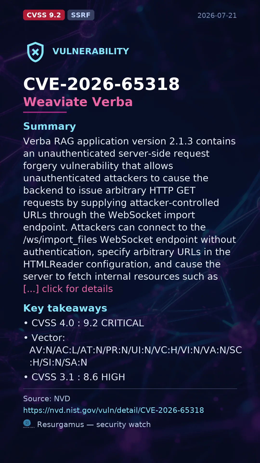 CVE-2026-65318 Weaviate Verba Vulnerability