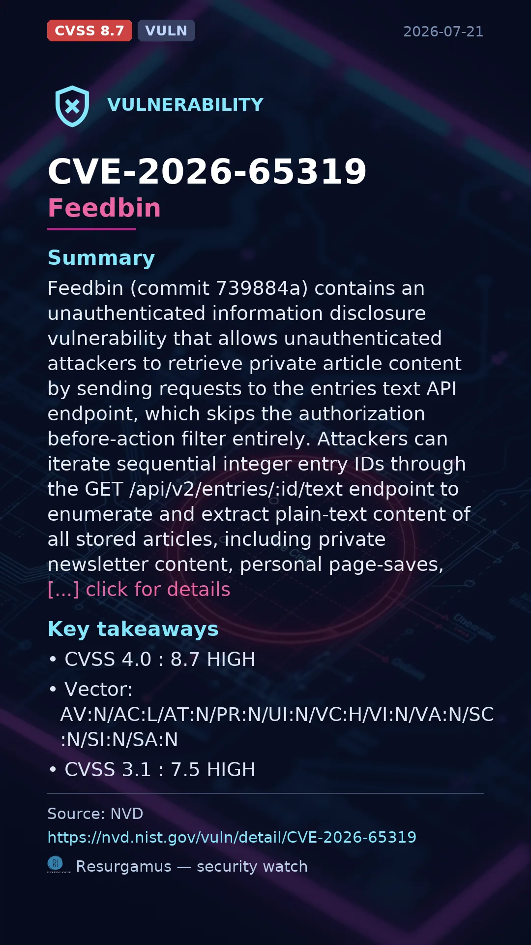 CVE-2026-65319 Feedbin Vulnerability