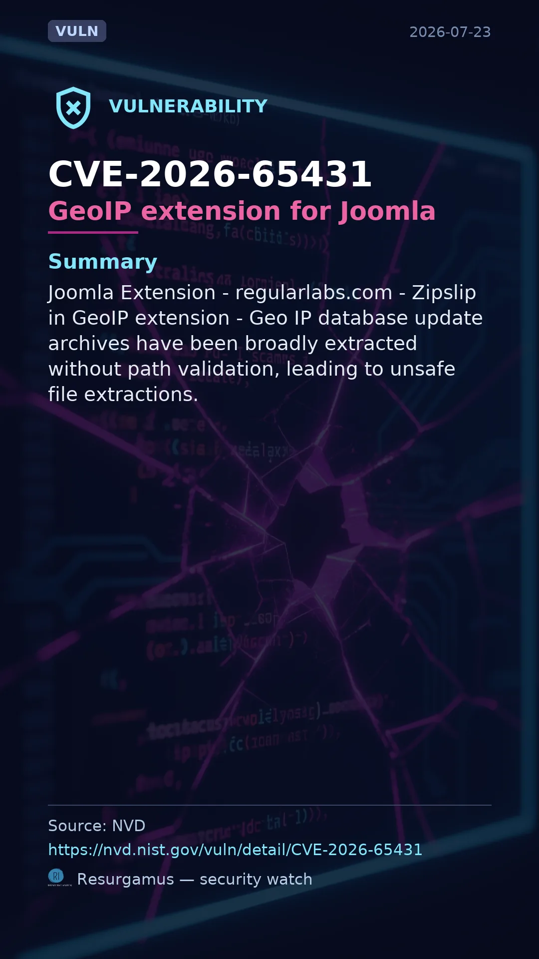 CVE-2026-65431 GeoIP extension for Joomla Vulnerability