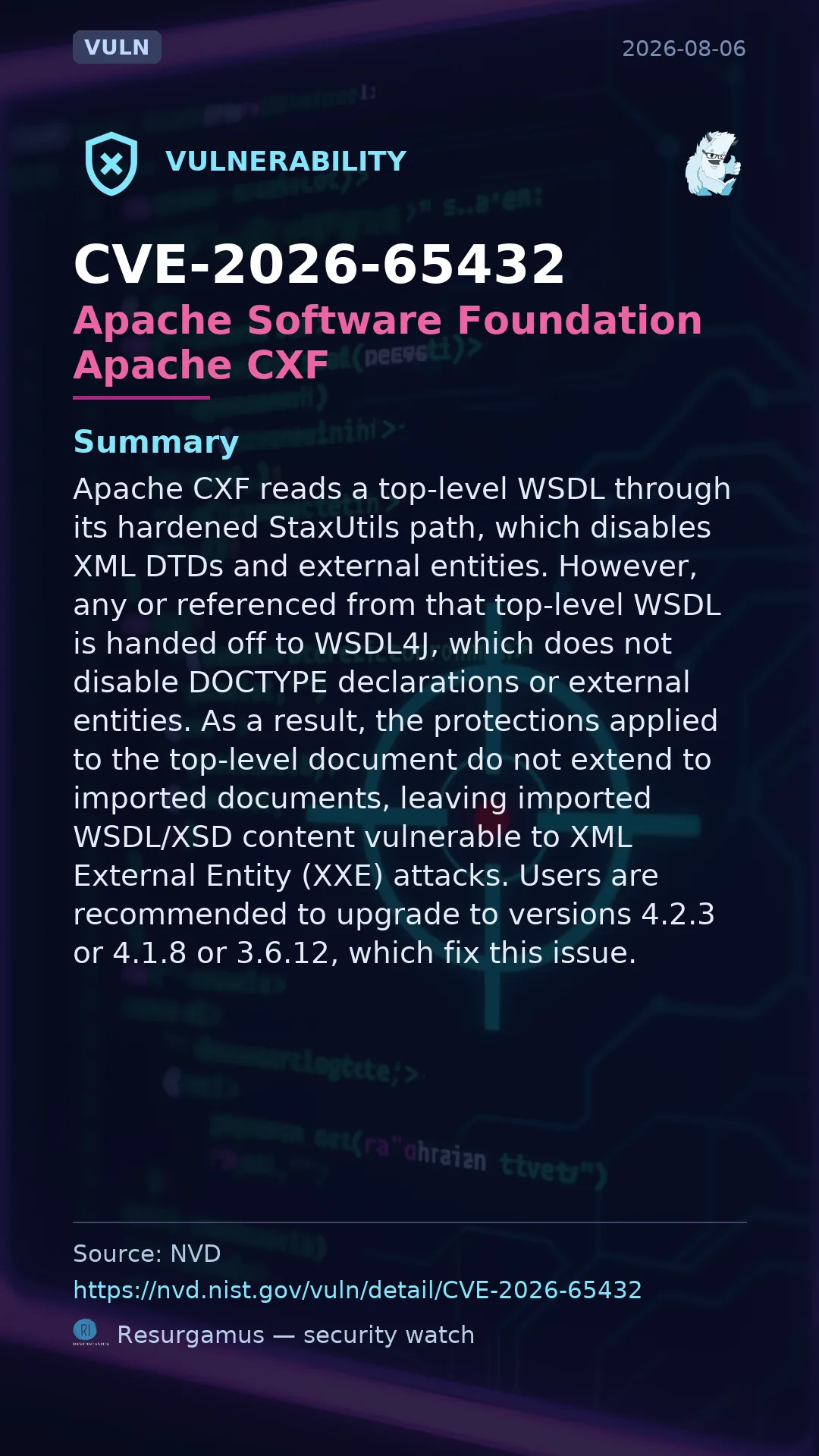 CVE-2026-65432 Apache Software Foundation Apache CXF Vulnerability