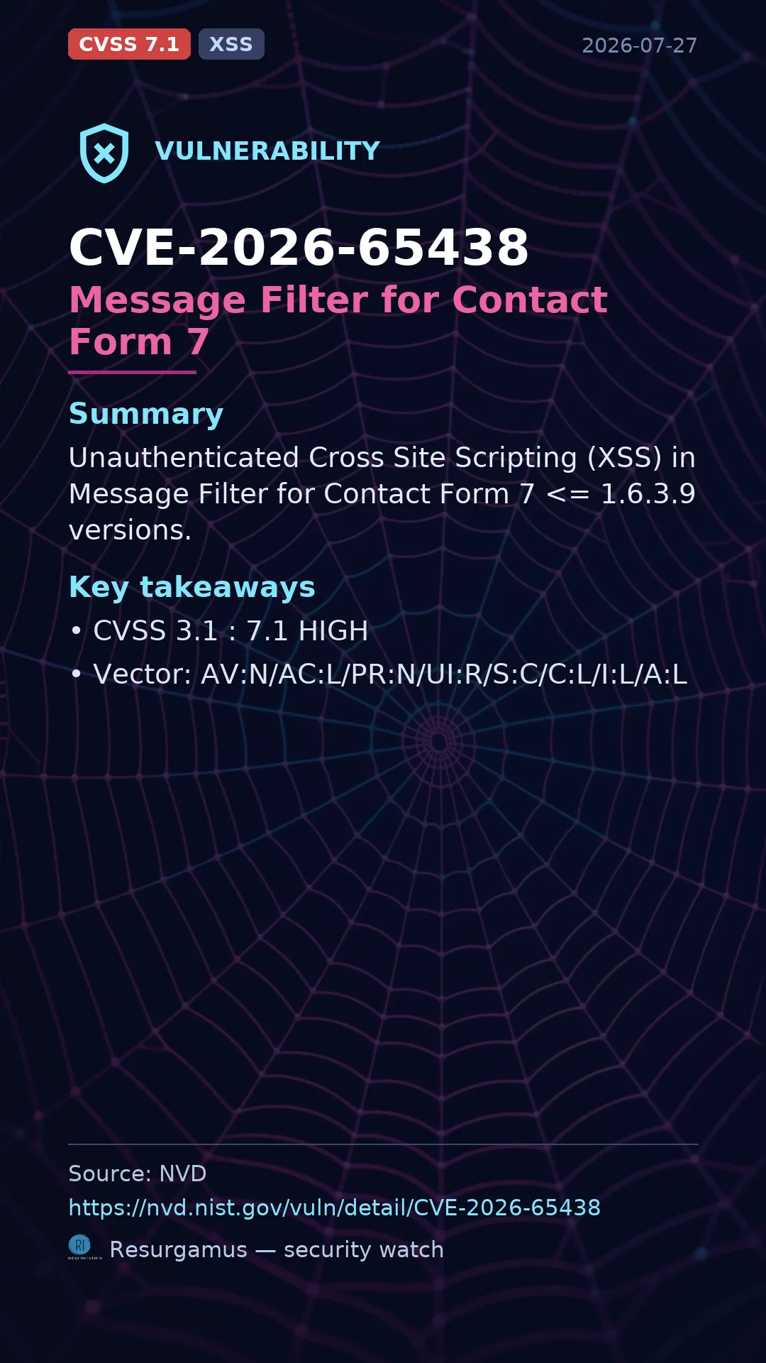 CVE-2026-65438 Message Filter for Contact Form 7 Vulnerability