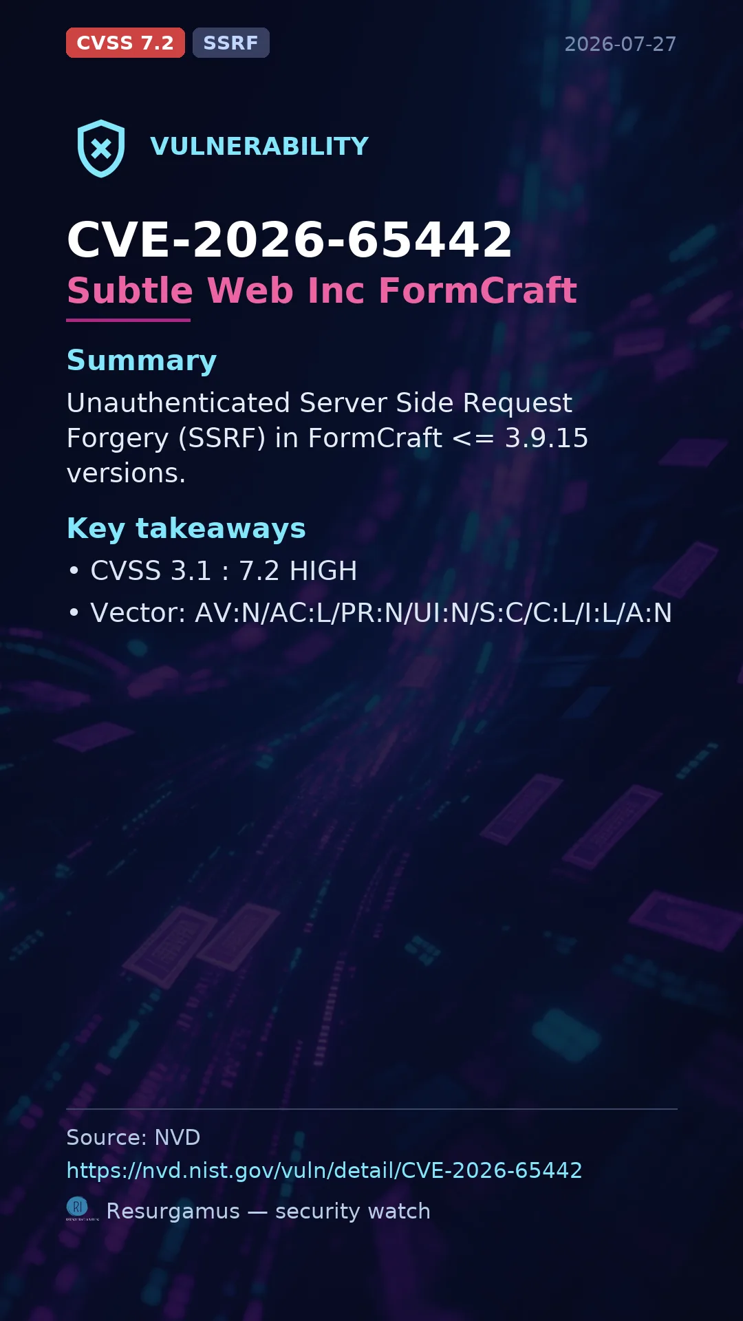 CVE-2026-65442 Subtle Web Inc FormCraft Vulnerability