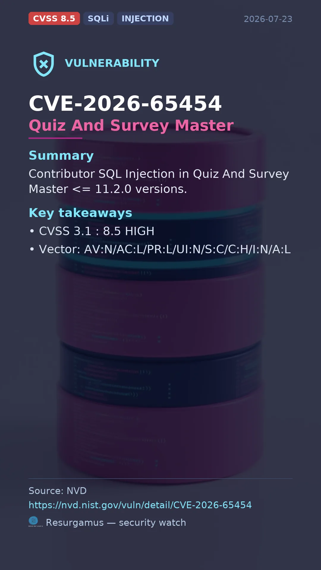 CVE-2026-65454 Quiz And Survey Master Vulnerability