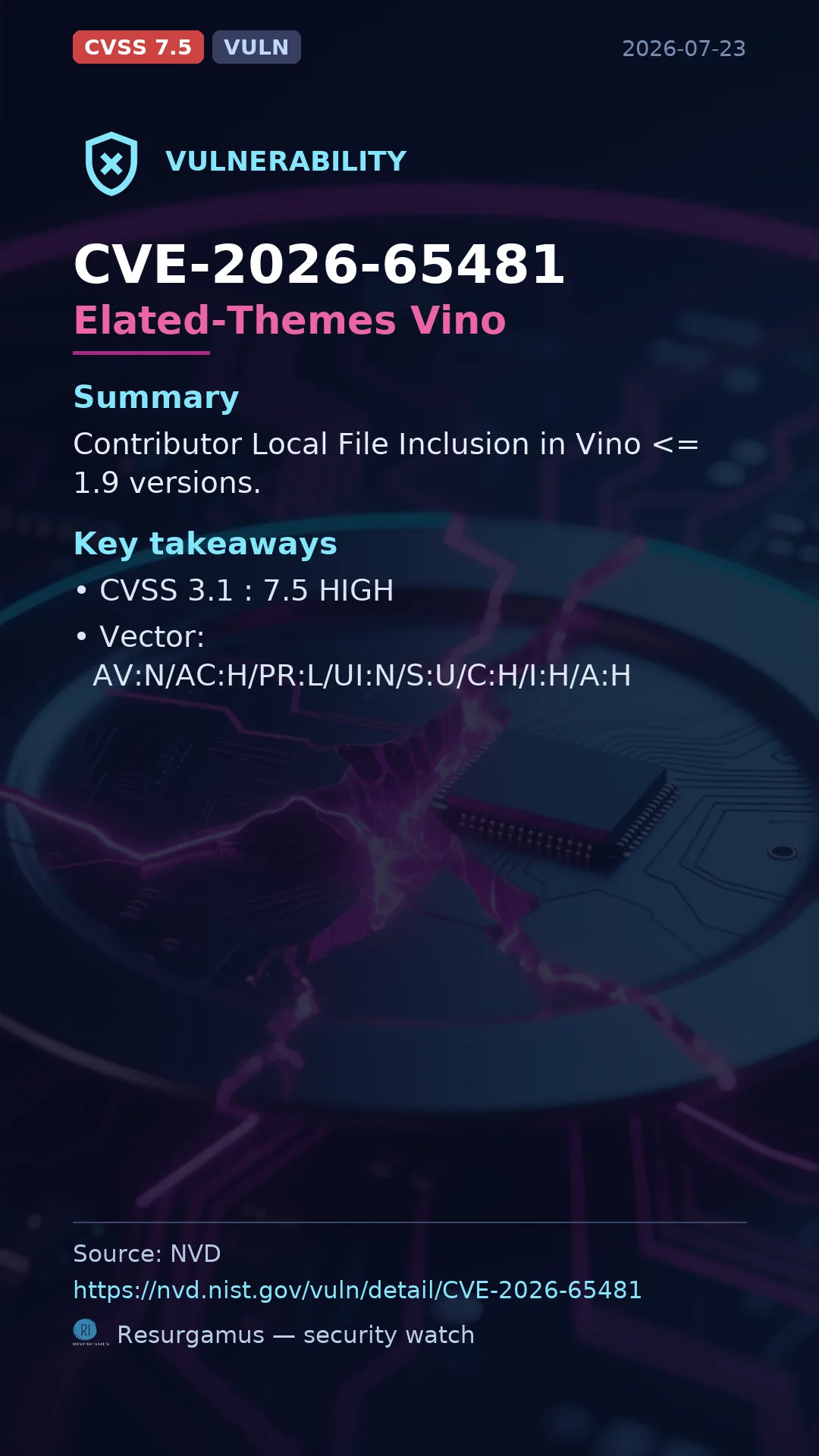 CVE-2026-65481 Elated-Themes Vino Vulnerability