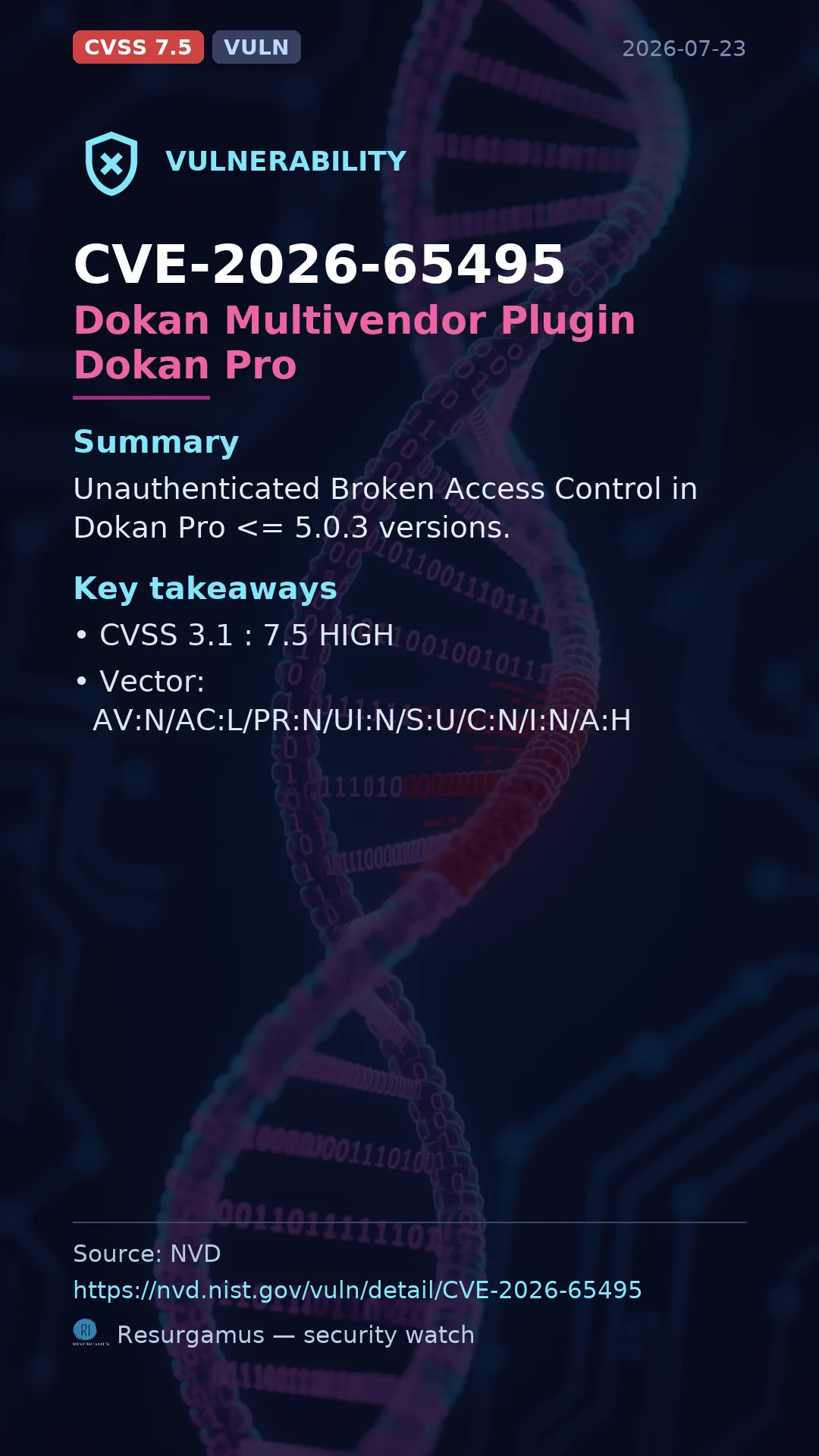 CVE-2026-65495 Dokan Multivendor Plugin Dokan Pro Vulnerability