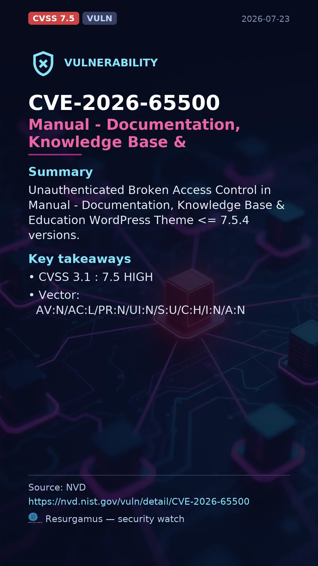 CVE-2026-65500 Manual - Documentation, Knowledge Base & Education WordPress Vulnerability