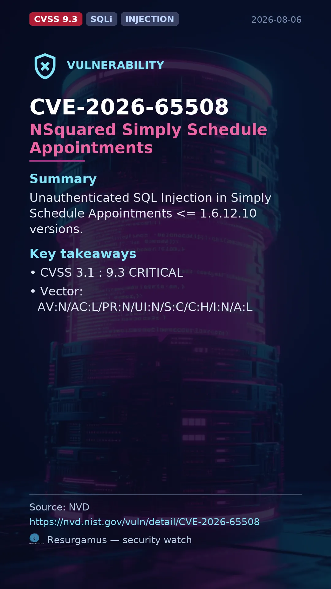 CVE-2026-65508 NSquared Simply Schedule Appointments Vulnerability