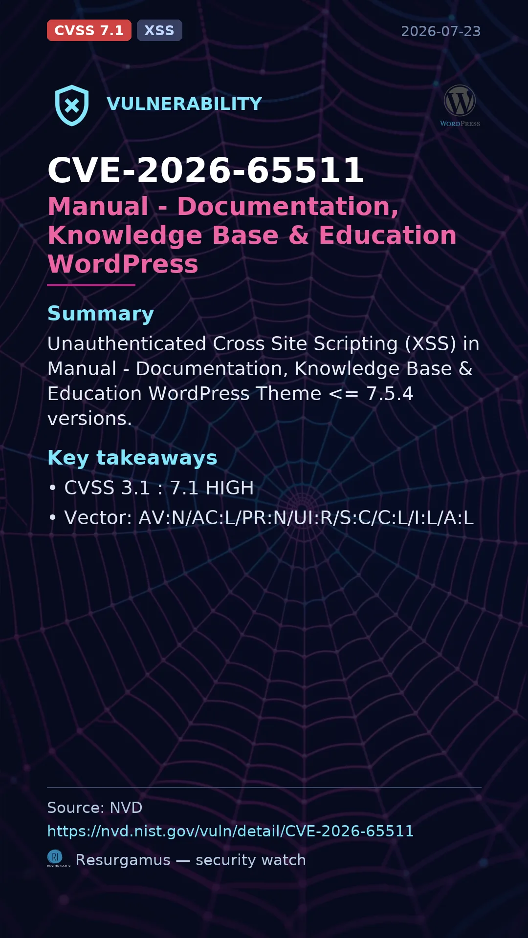 CVE-2026-65511 Manual - Documentation, Knowledge Base & Education WordPress Vulnerability