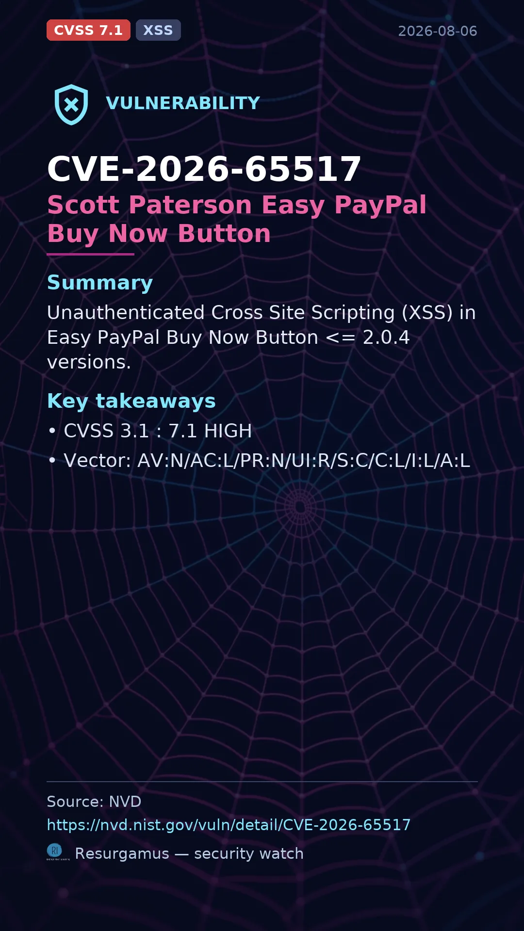 CVE-2026-65517 Scott Paterson Easy PayPal Buy Now Button Vulnerability