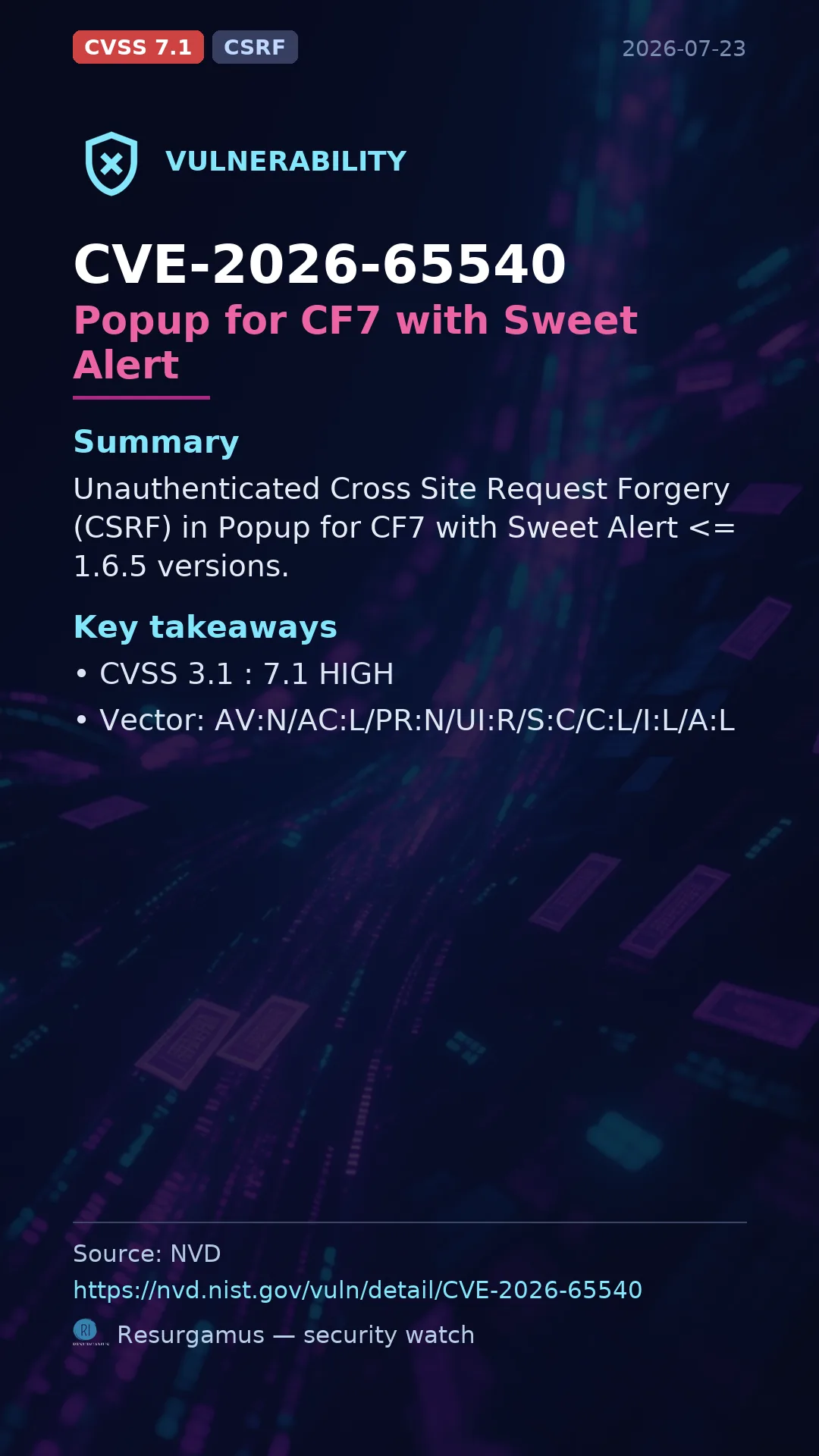 CVE-2026-65540 Popup for CF7 with Sweet Alert Vulnerability