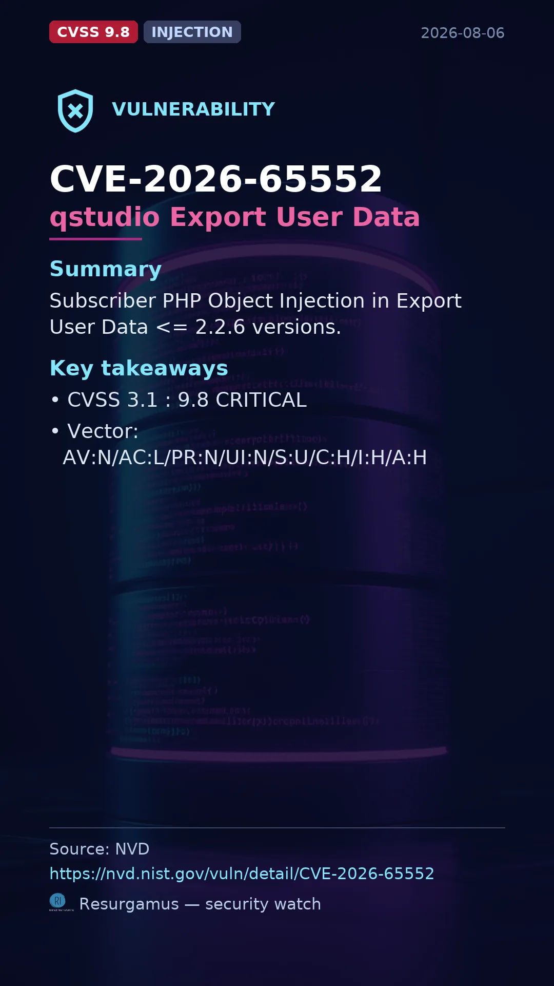 CVE-2026-65552 qstudio Export User Data Vulnerability