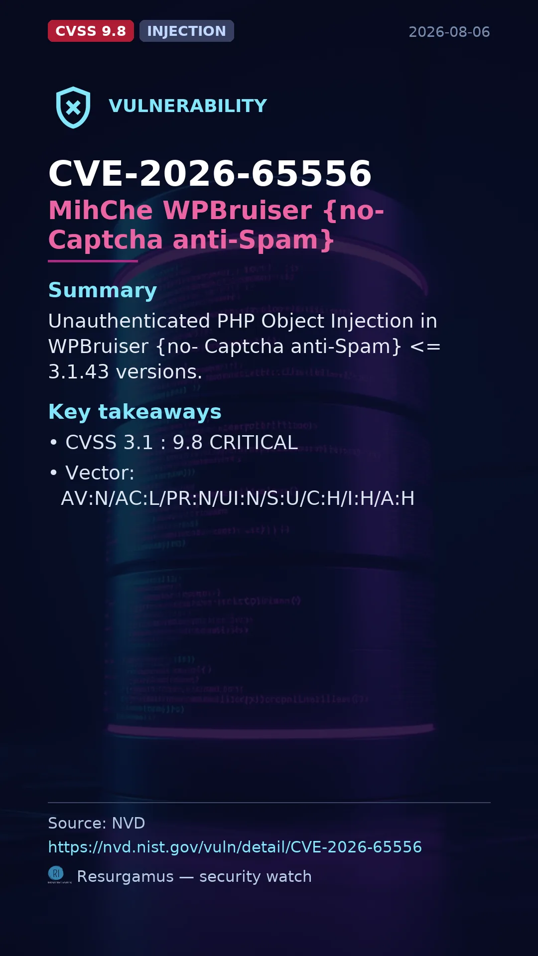 CVE-2026-65556 MihChe WPBruiser {no- Captcha anti-Spam} Vulnerability
