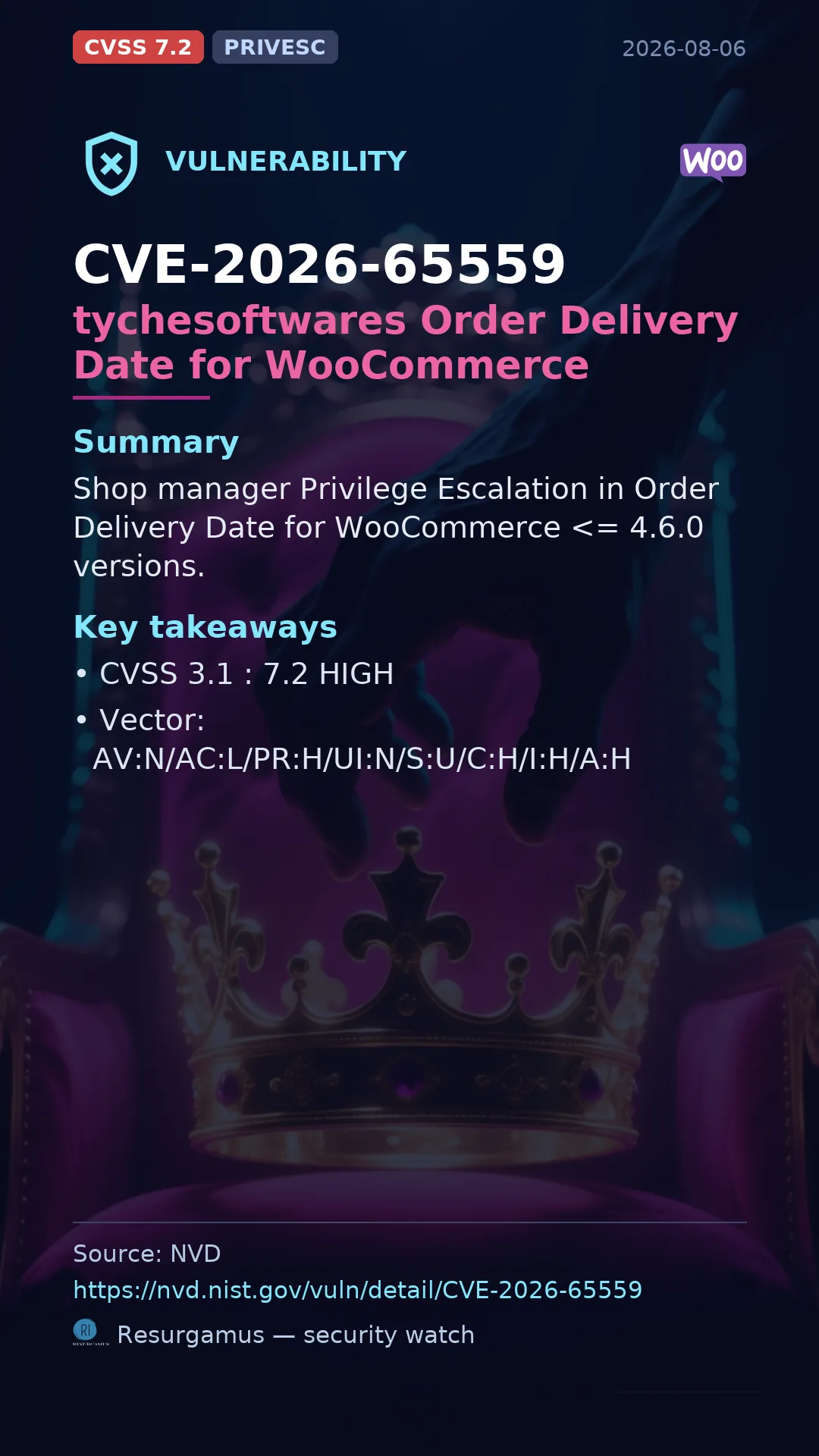 CVE-2026-65559 tychesoftwares Order Delivery Date for WooCommerce Vulnerability