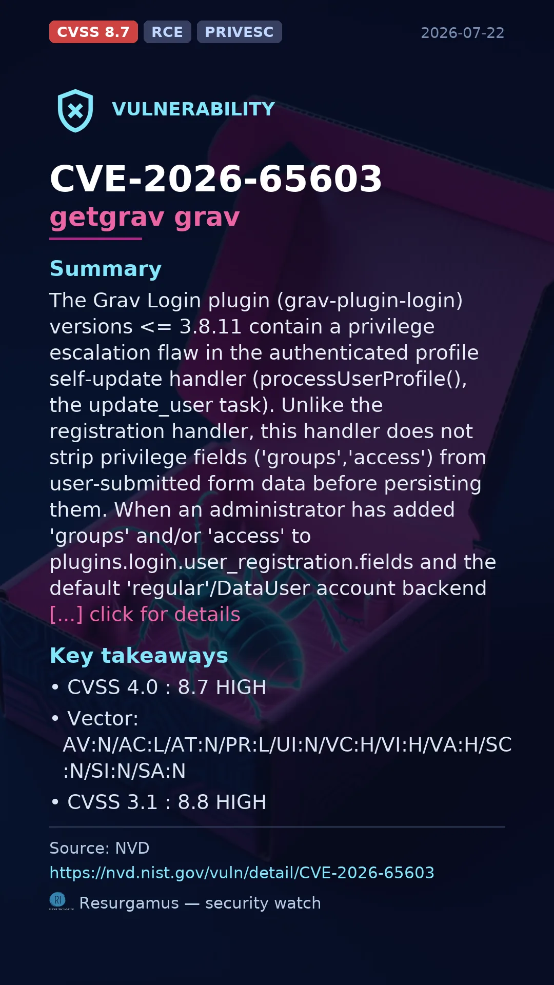 CVE-2026-65603 getgrav grav Vulnerability
