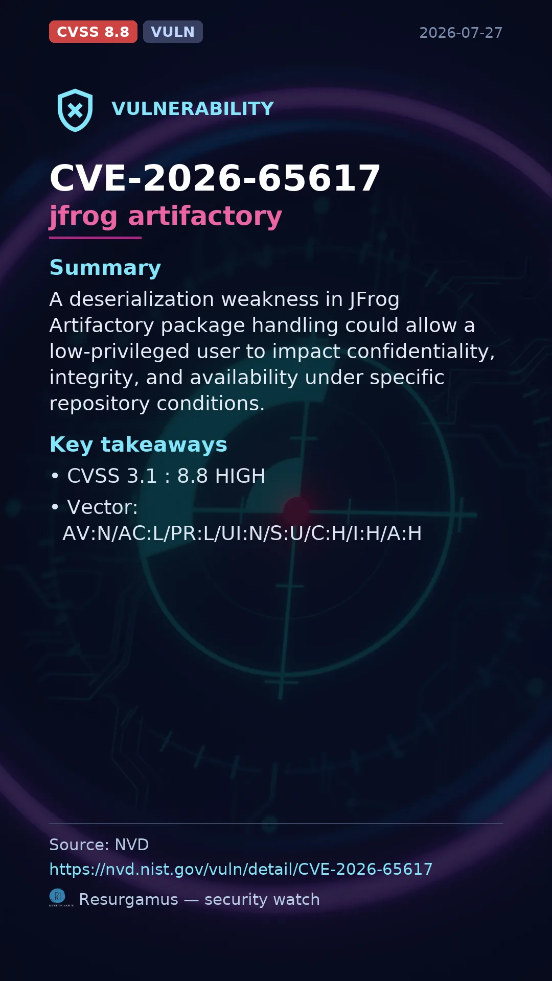 CVE-2026-65617 jfrog artifactory Vulnerability