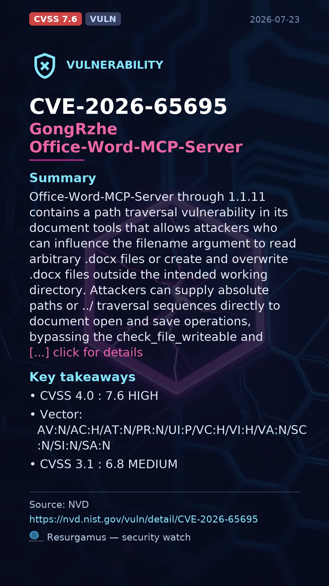 CVE-2026-65695 GongRzhe Office-Word-MCP-Server Vulnerability