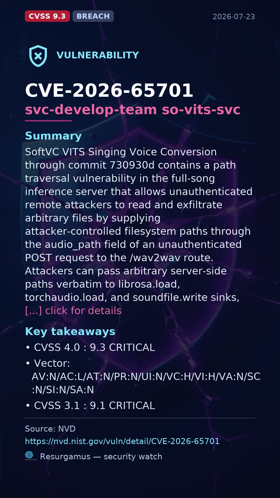 CVE-2026-65701 svc-develop-team so-vits-svc Vulnerability