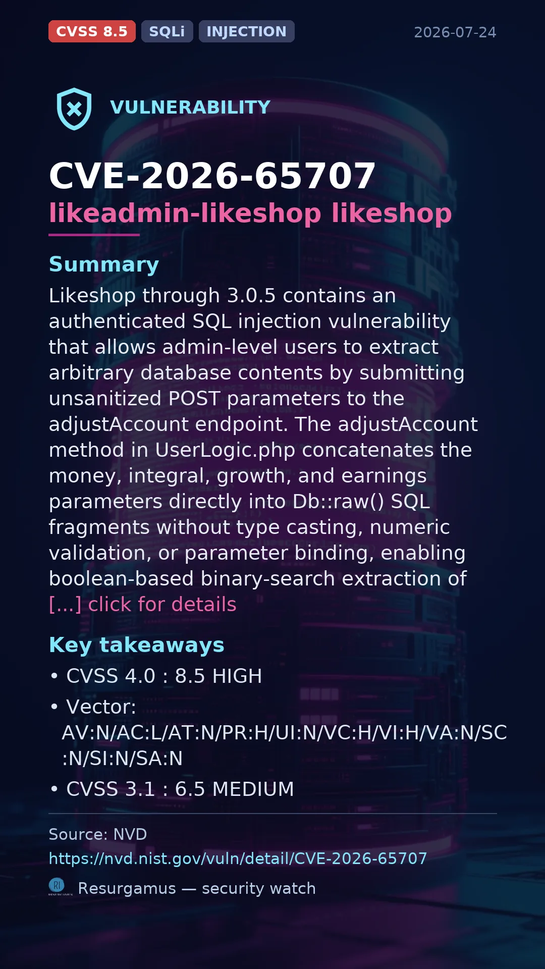 CVE-2026-65707 - likeadmin-likeshop likeshop vulnerability