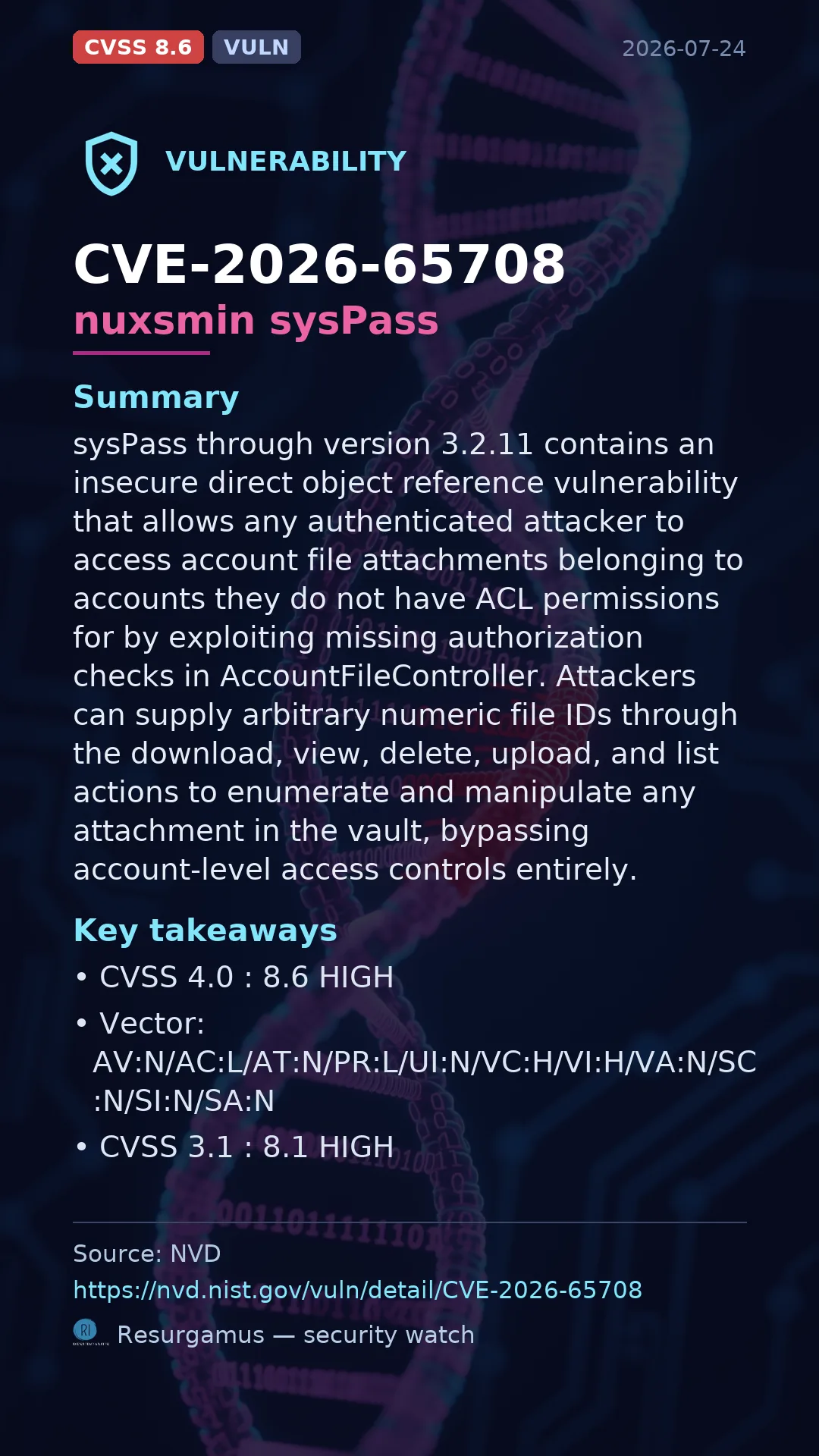 CVE-2026-65708 - nuxsmin sysPass vulnerability