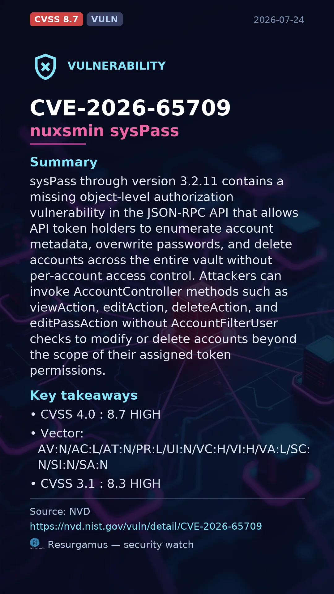 CVE-2026-65709 - nuxsmin sysPass vulnerability