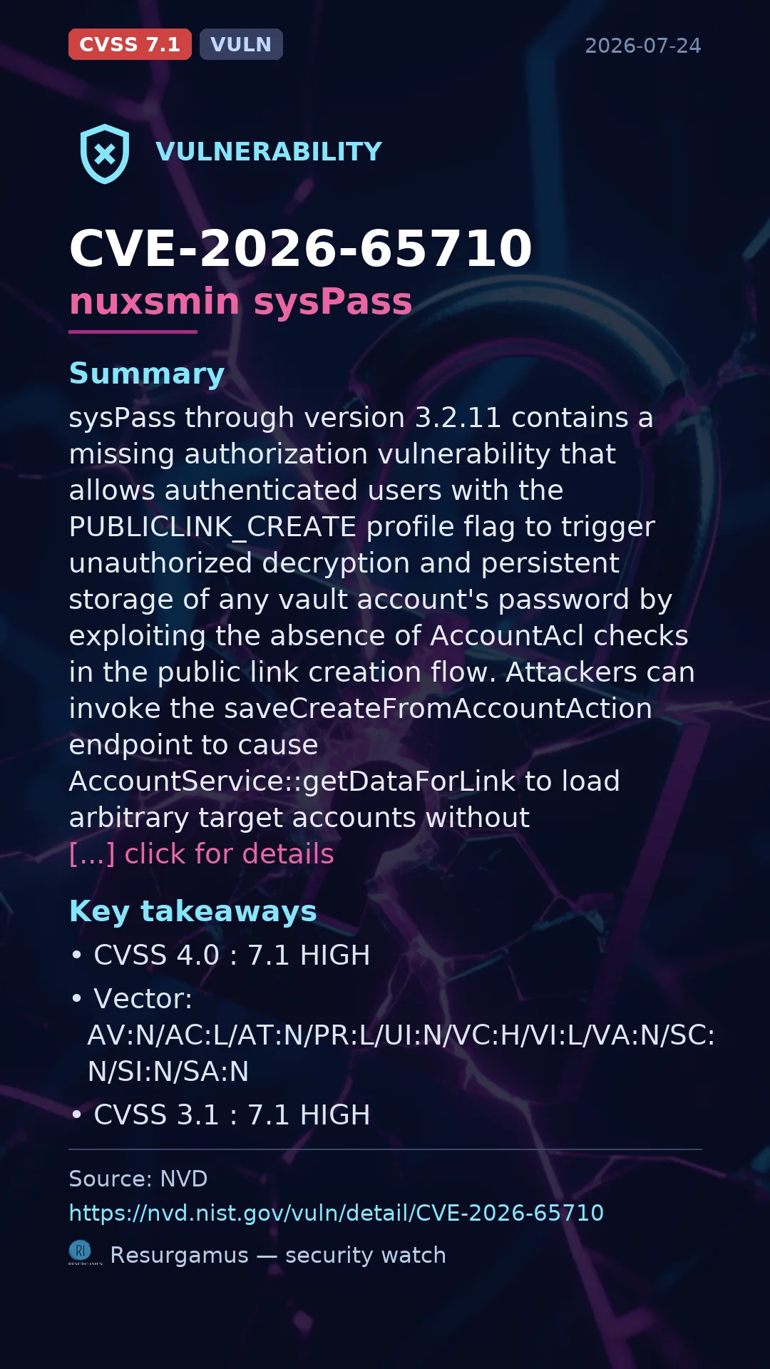 CVE-2026-65710 - nuxsmin sysPass vulnerability