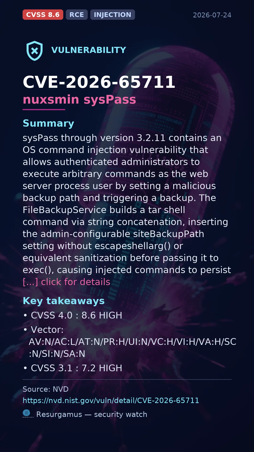 CVE-2026-65711 - nuxsmin sysPass vulnerability