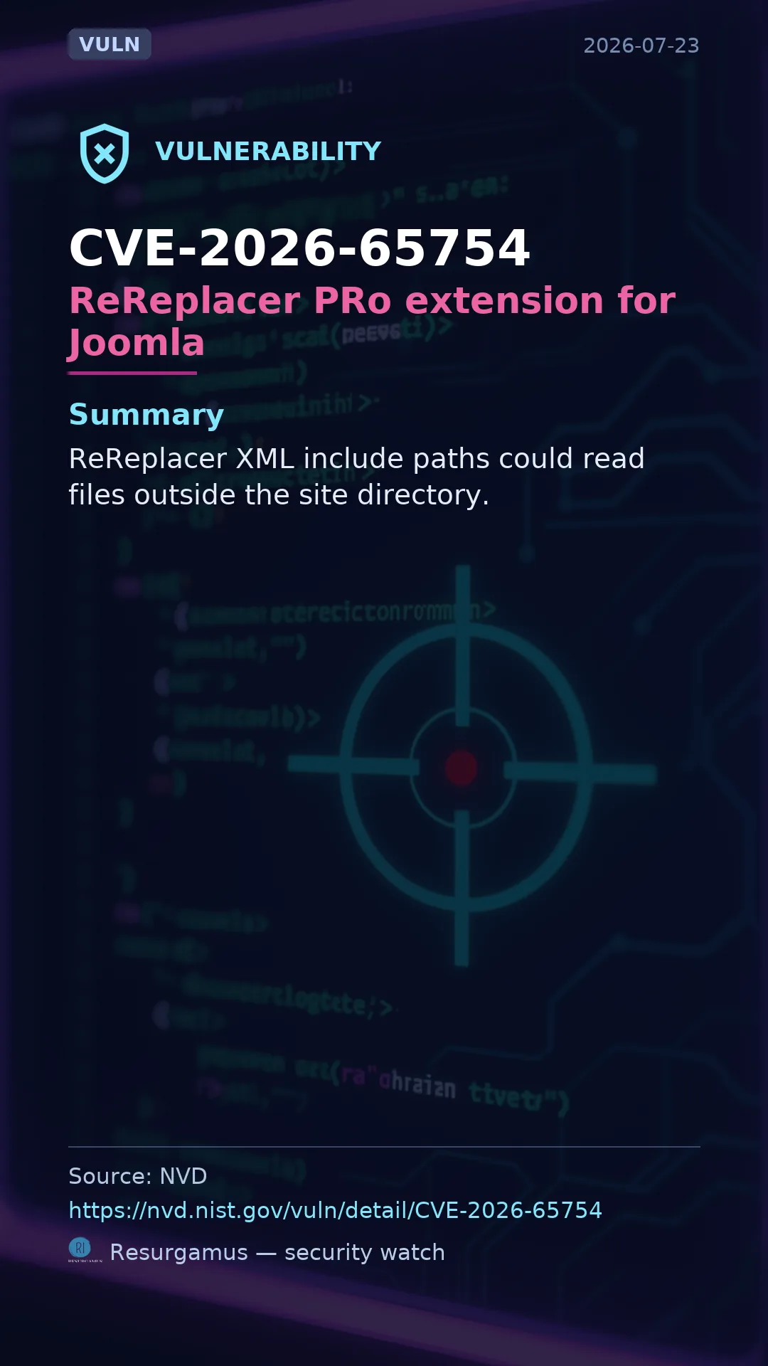 CVE-2026-65754 ReReplacer PRo extension for Joomla Vulnerability