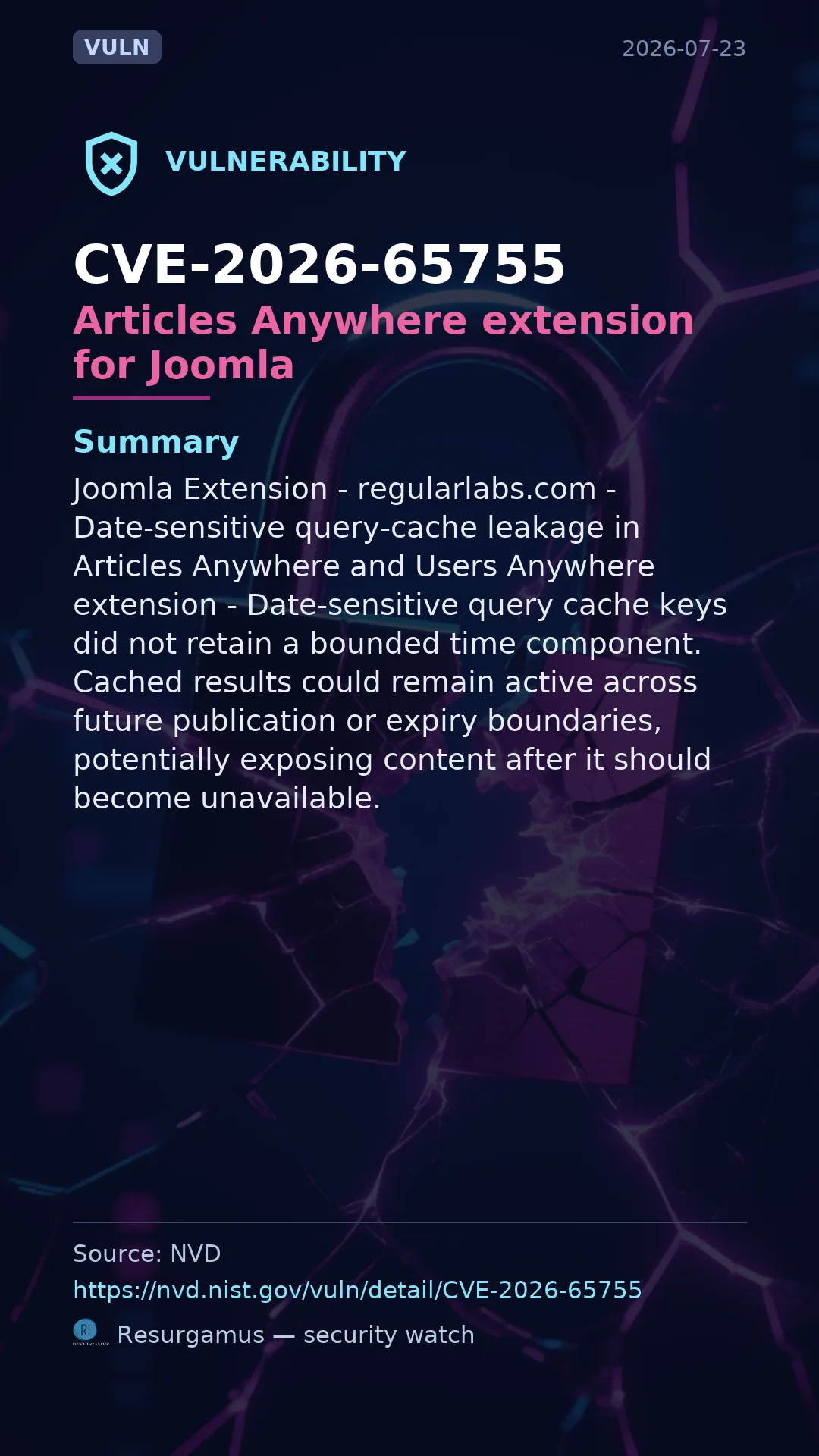 CVE-2026-65755 Articles Anywhere extension for Joomla Vulnerability